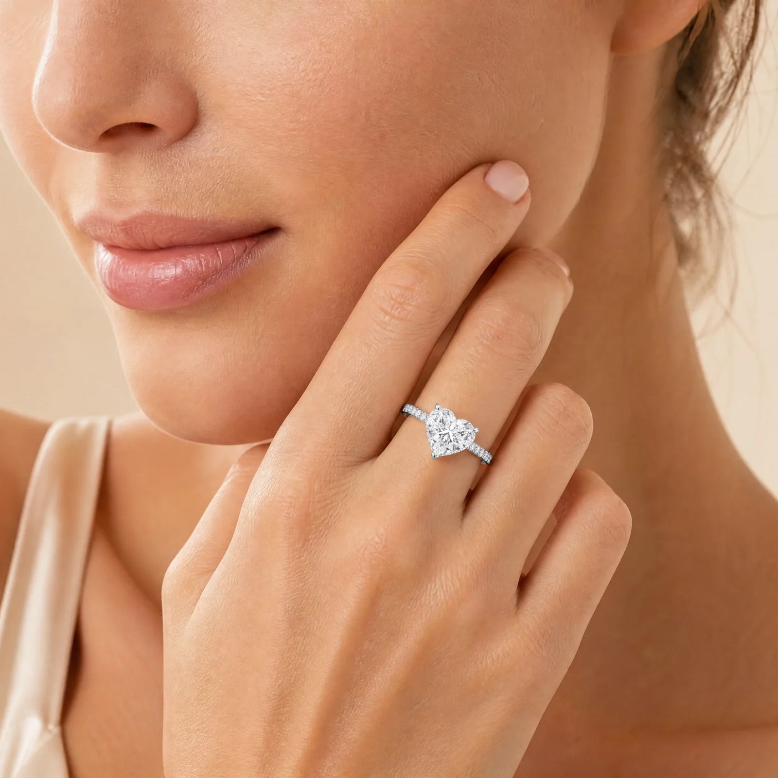 Heart Lab-Grown Diamond Solitaire Ring with Pavé Band - White