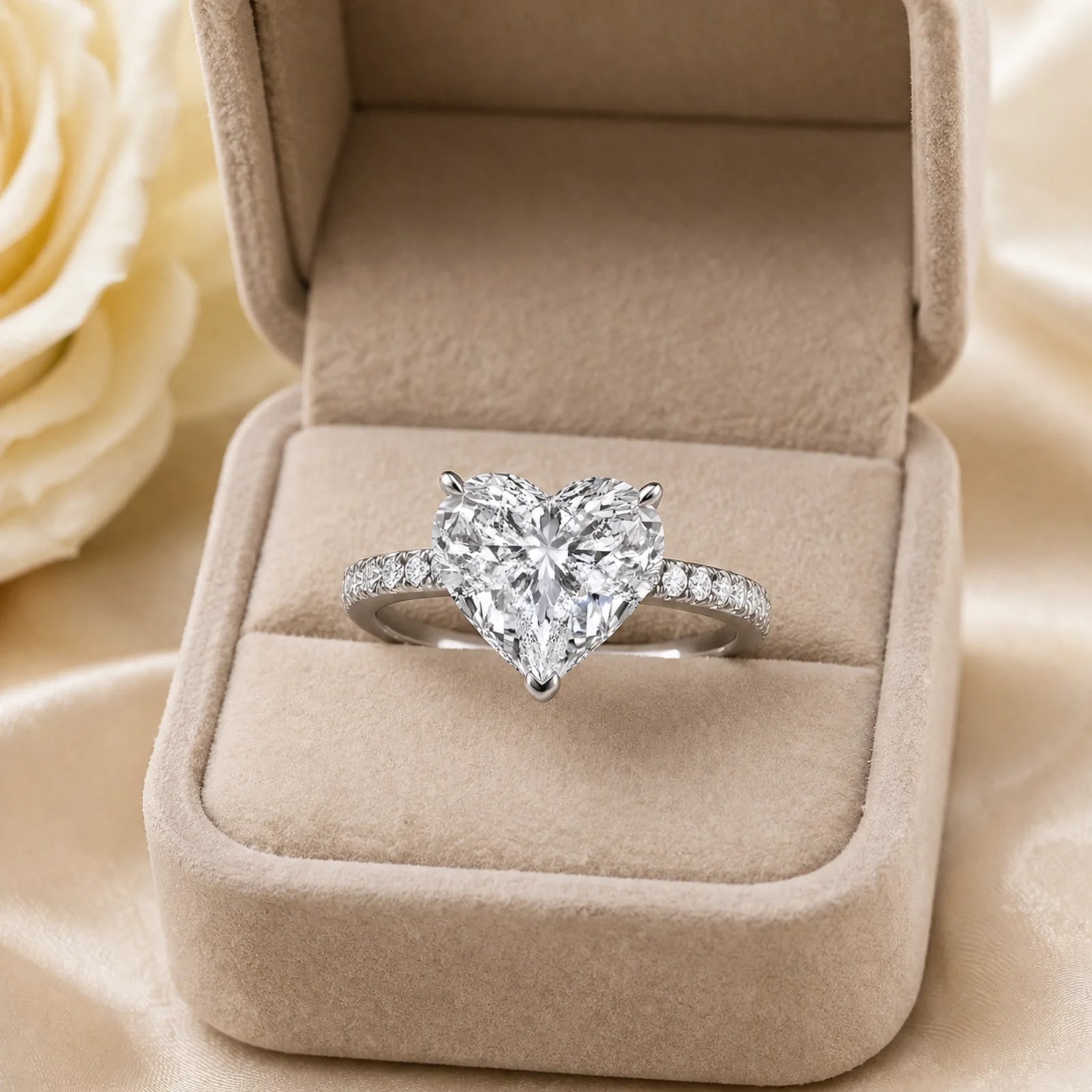 Heart Lab-Grown Diamond Solitaire Ring with Pavé Band - White