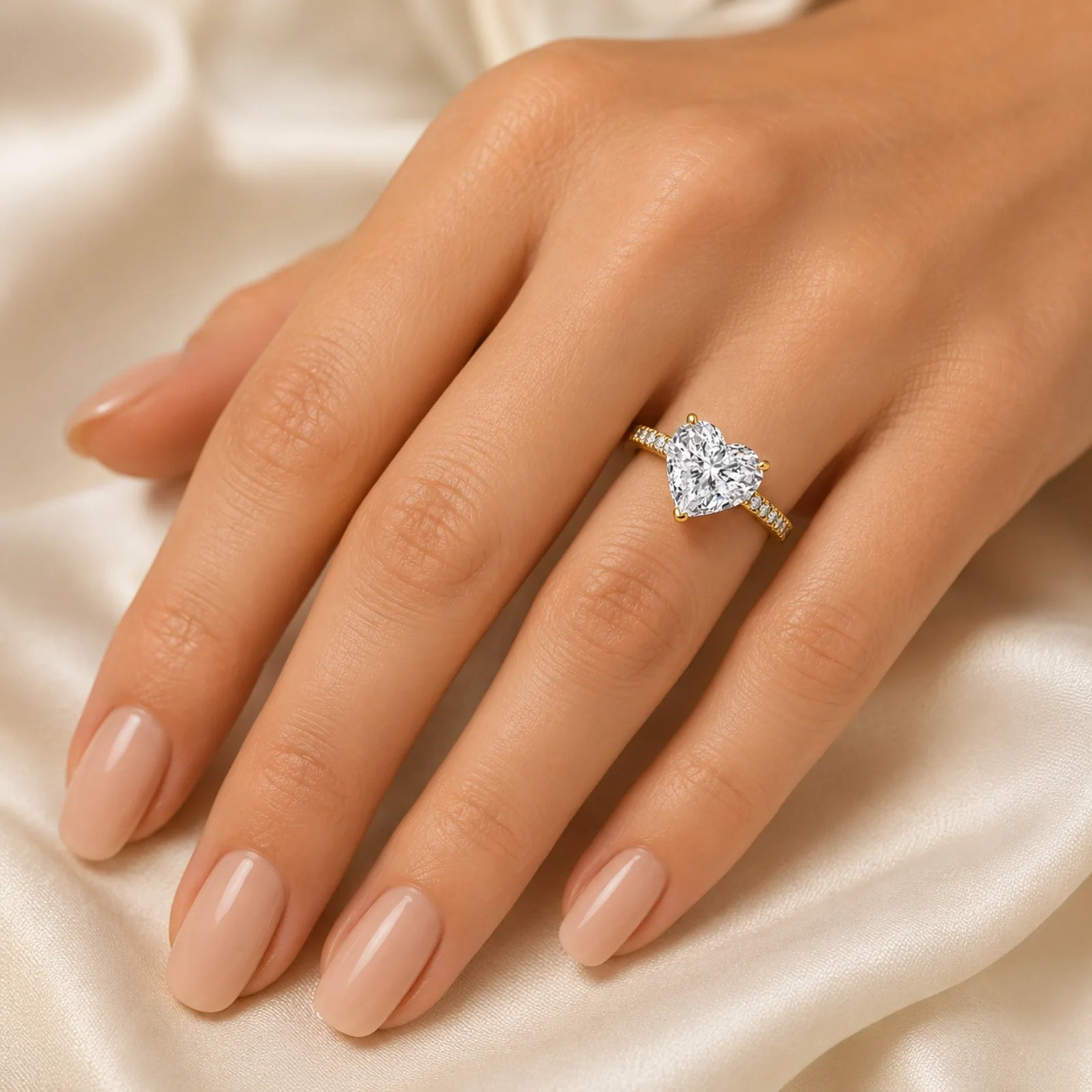 Heart Lab-Grown Diamond Solitaire Ring with Pavé Band - Yellow