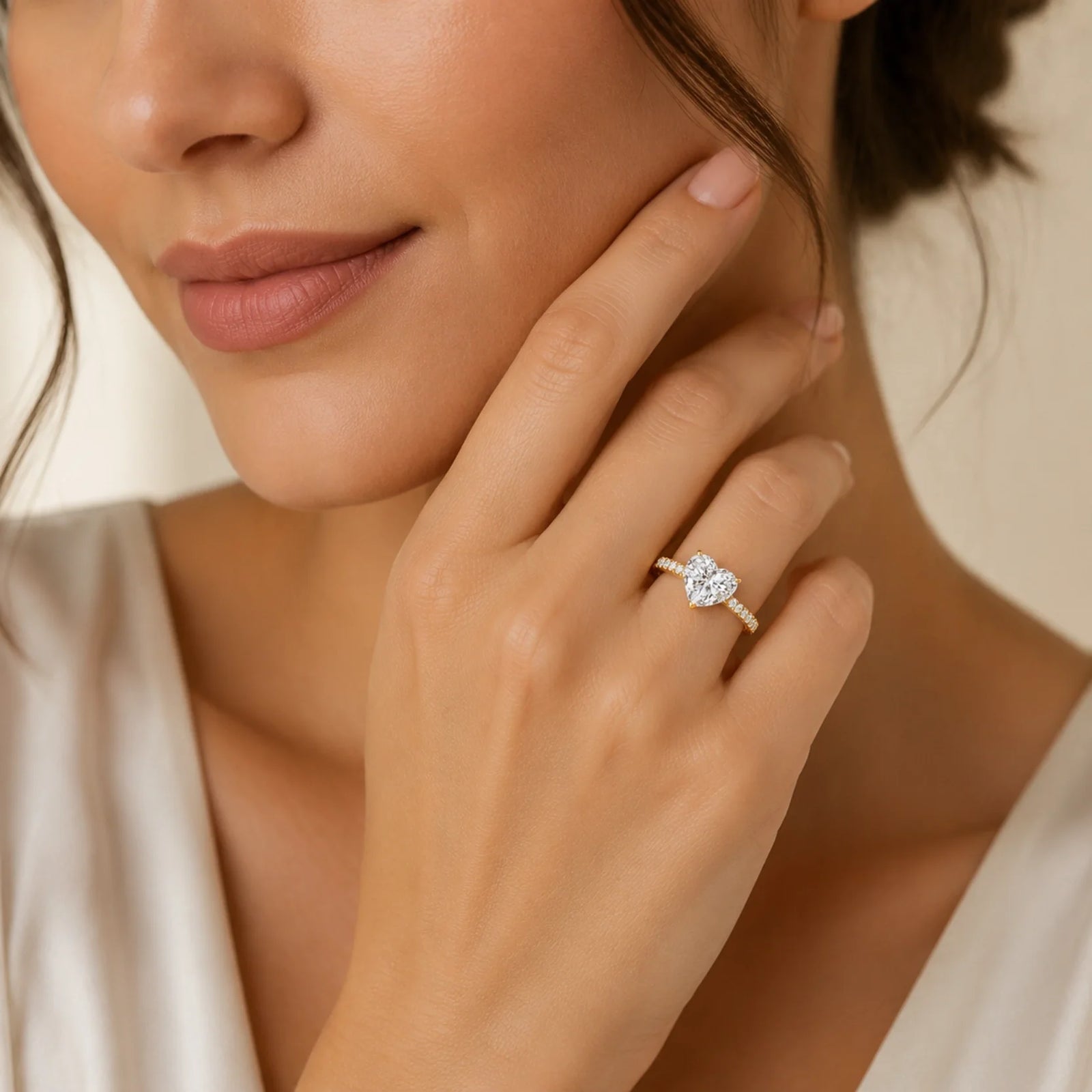 Heart Lab-Grown Diamond Solitaire Ring with Pavé Band - Yellow