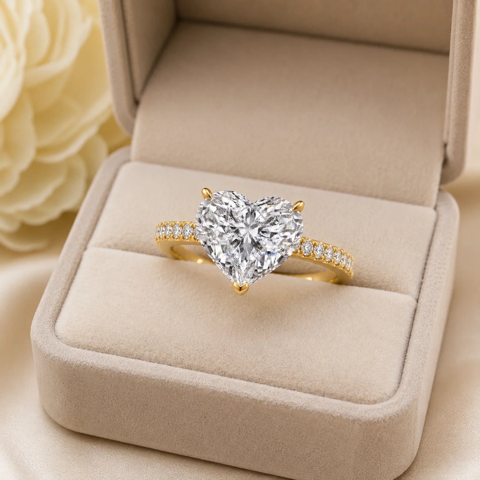 Heart Lab-Grown Diamond Solitaire Ring with Pavé Band - Yellow
