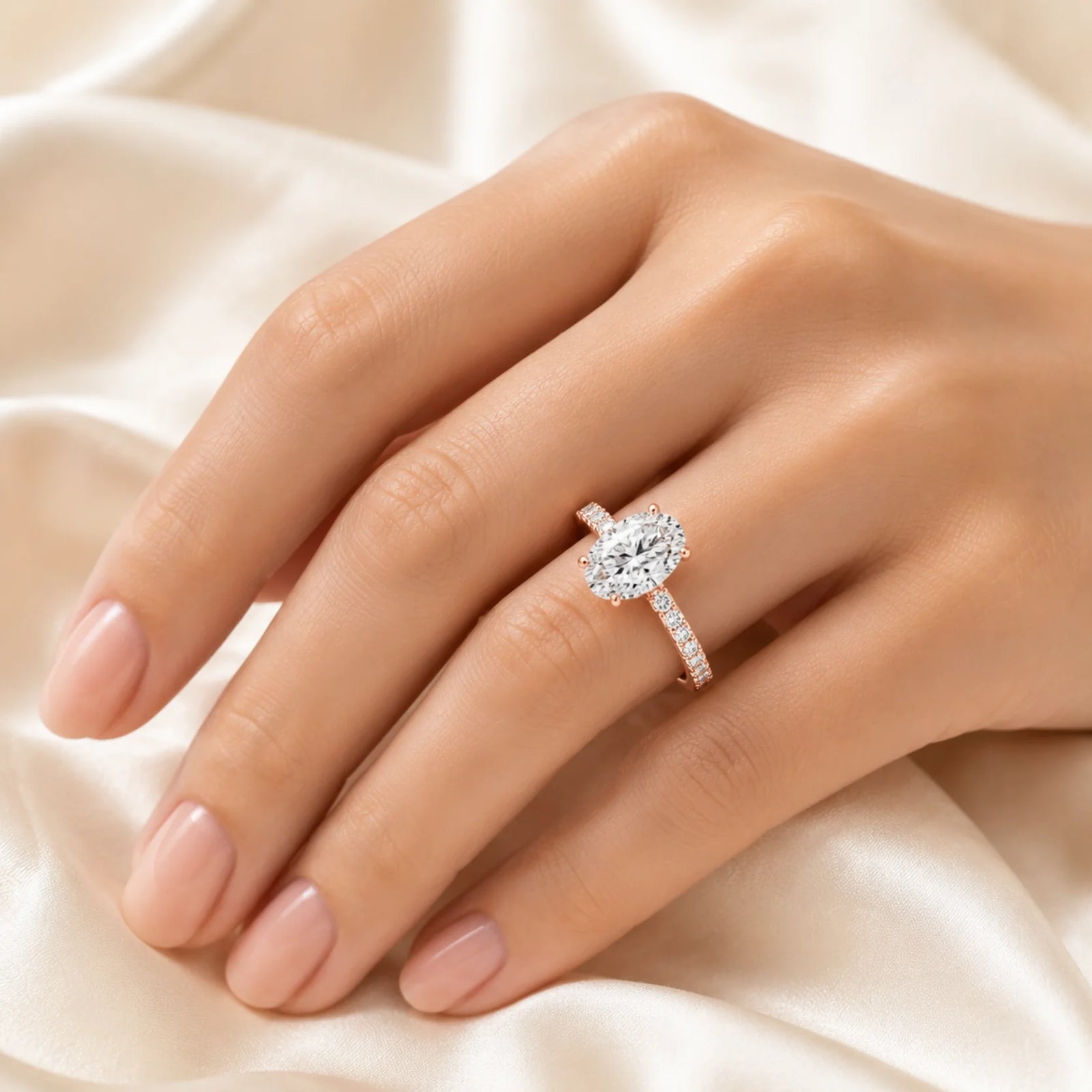 Oval Lab-Grown Diamond Solitaire Ring with Pavé Band - Rose