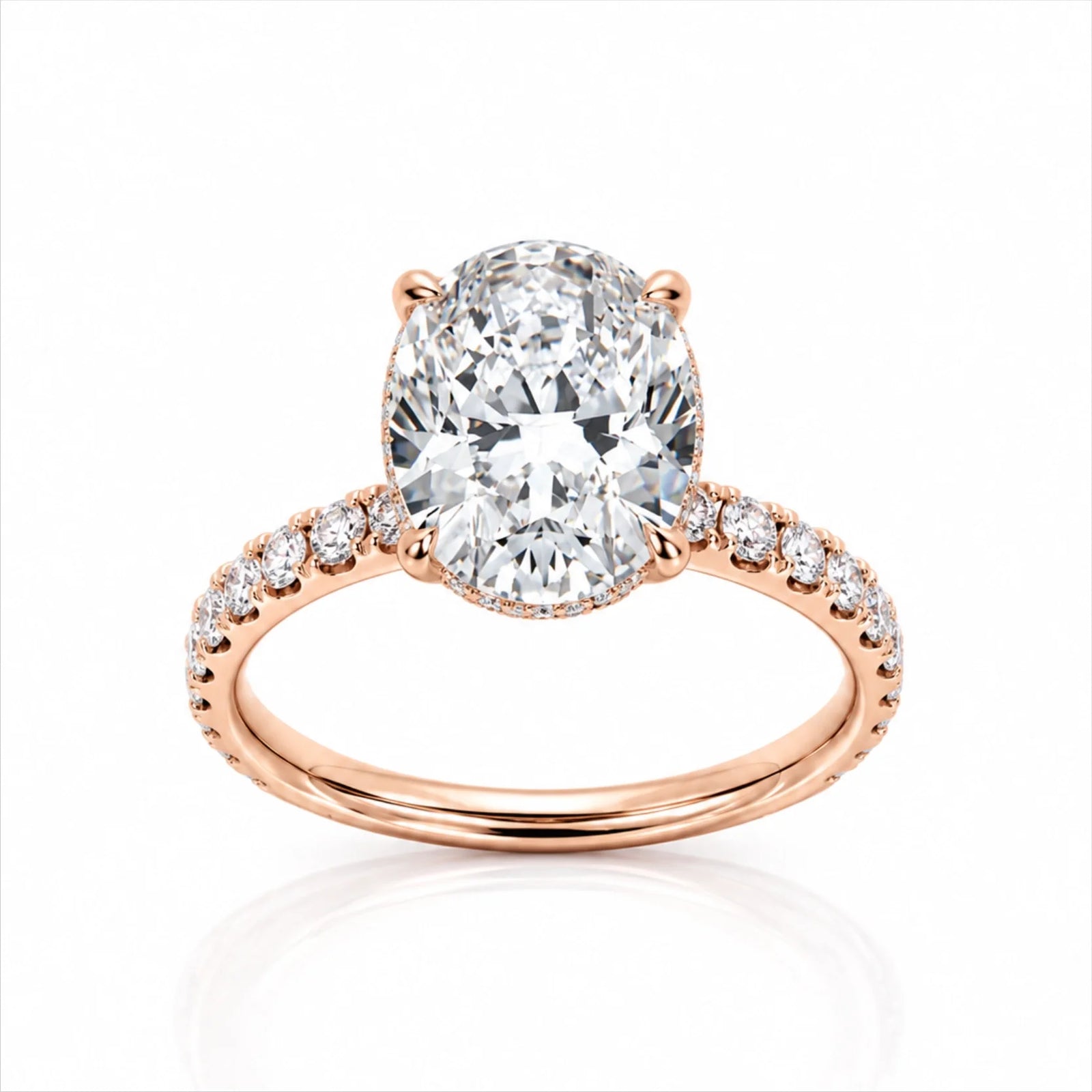 Oval Lab-Grown Diamond Solitaire Ring with Pavé Band - Rose