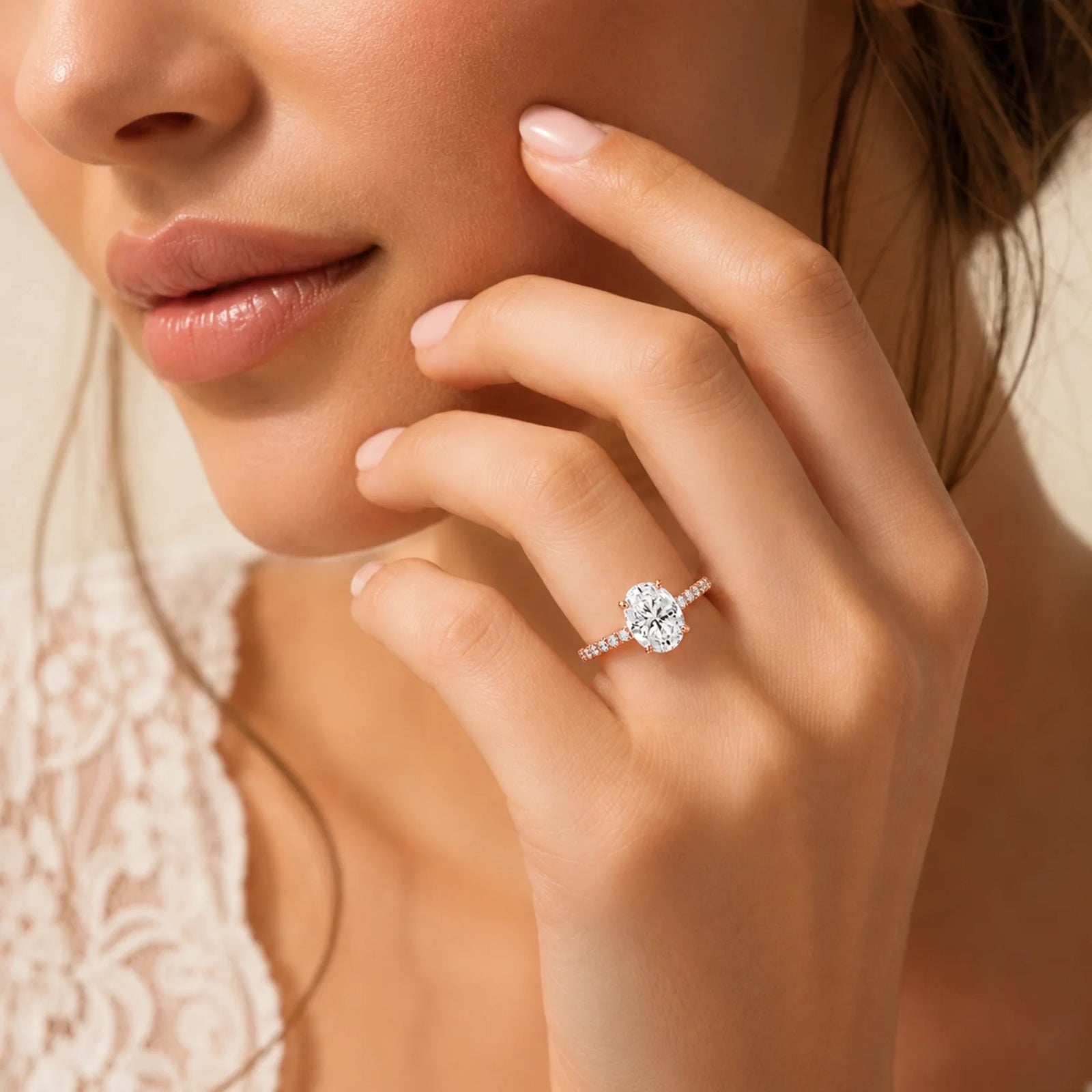Oval Lab-Grown Diamond Solitaire Ring with Pavé Band - Rose