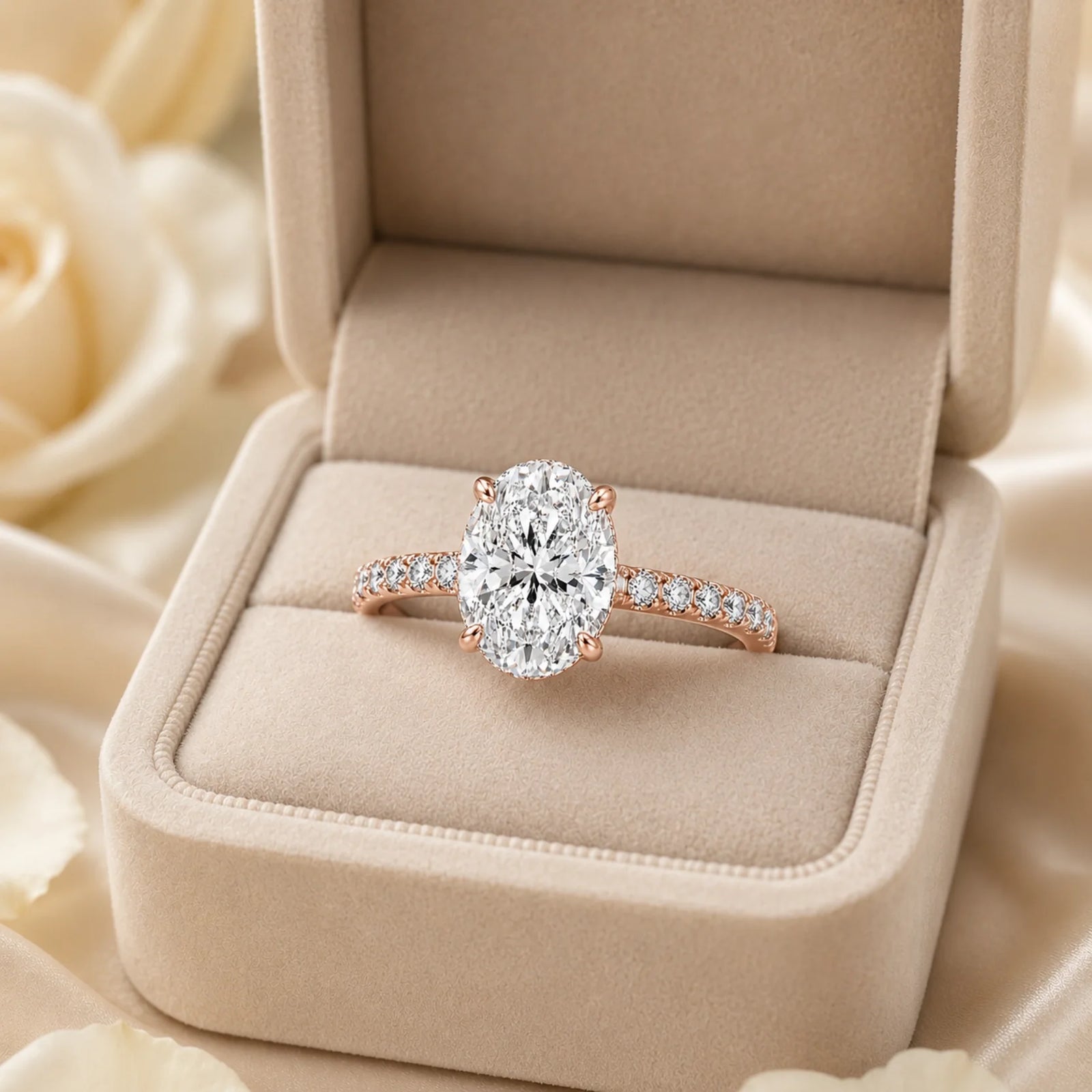 Oval Lab-Grown Diamond Solitaire Ring with Pavé Band - Rose