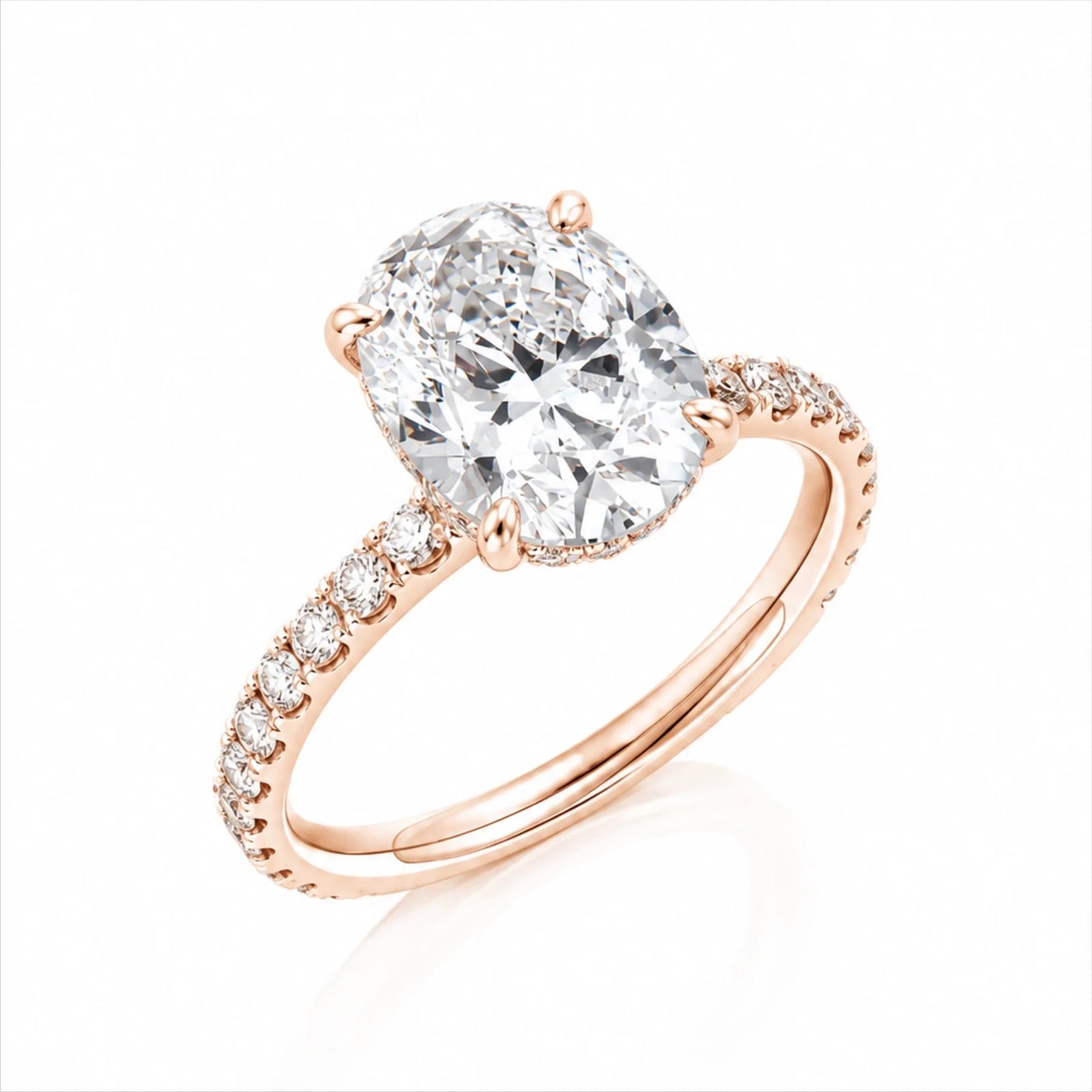 Oval Lab-Grown Diamond Solitaire Ring with Pavé Band - Rose