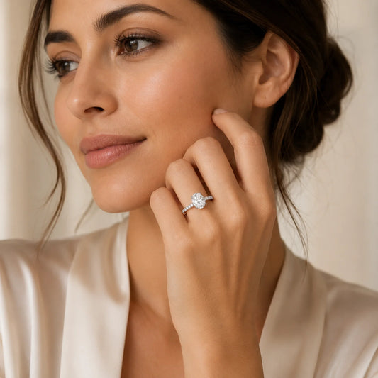 Oval Lab-Grown Diamond Solitaire Ring with Pavé Band - White