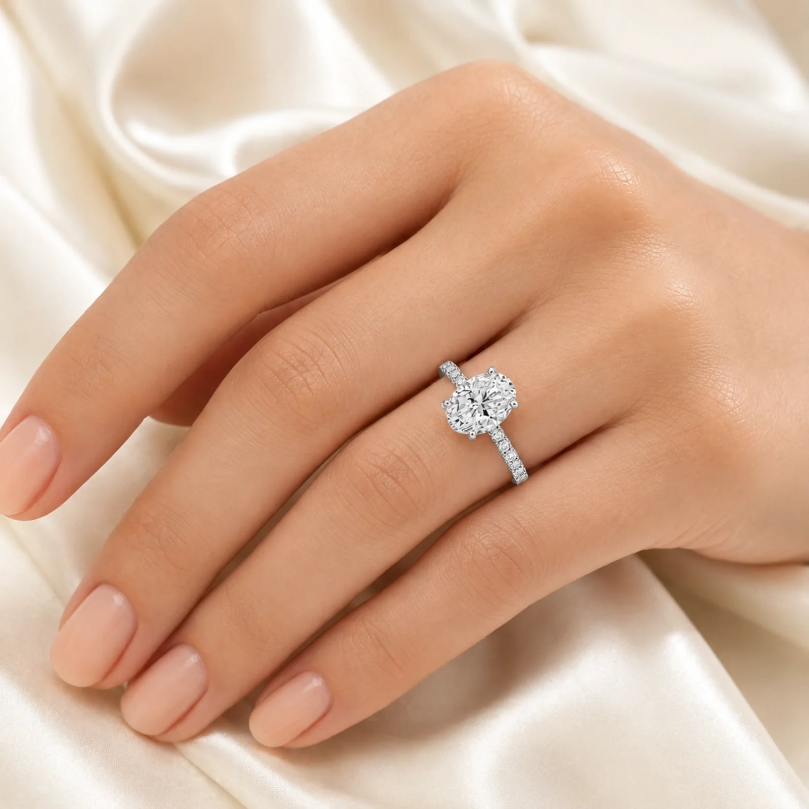 Oval Lab-Grown Diamond Solitaire Ring with Pavé Band - White