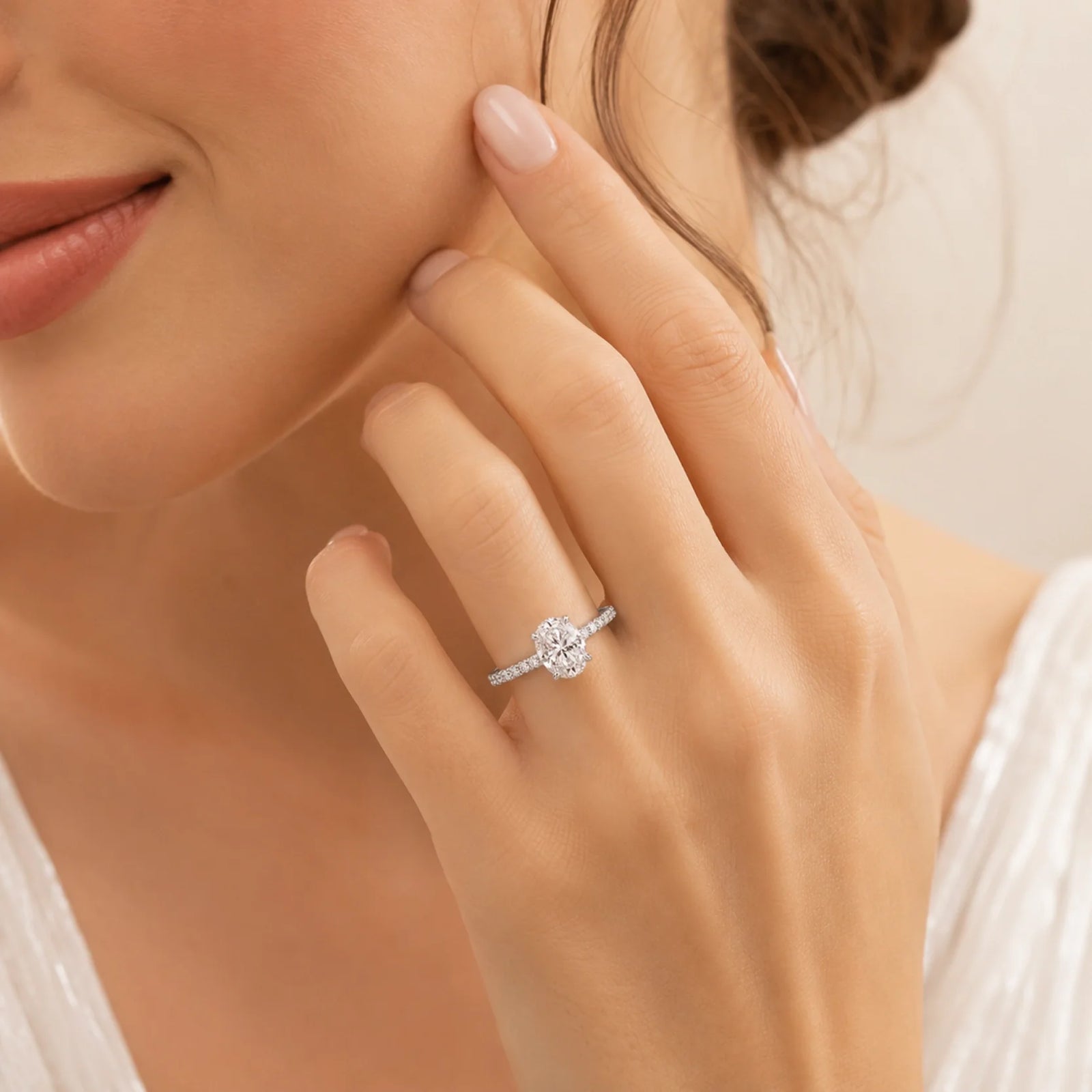 Oval Lab-Grown Diamond Solitaire Ring with Pavé Band - White