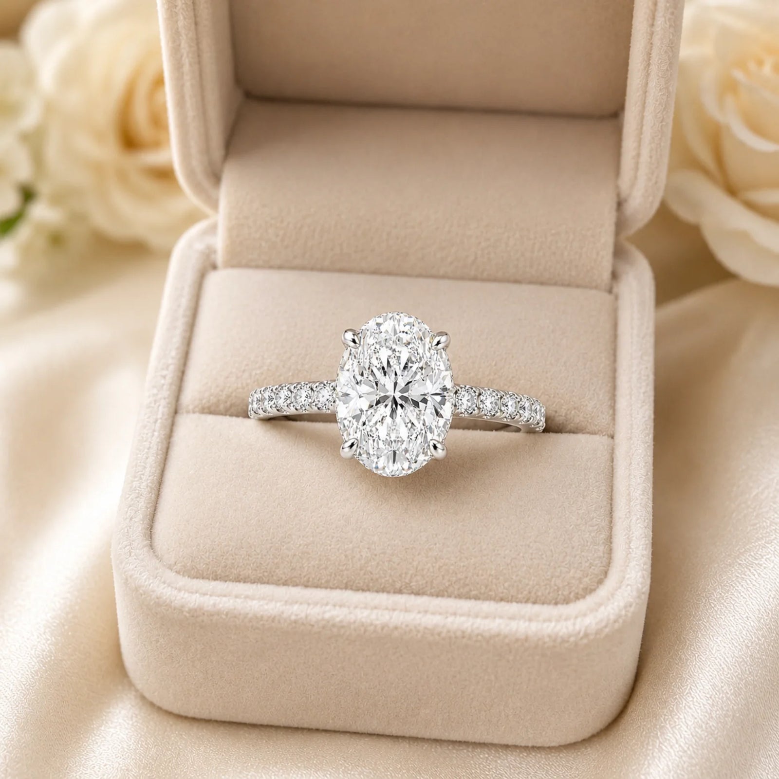 Oval Lab-Grown Diamond Solitaire Ring with Pavé Band - White