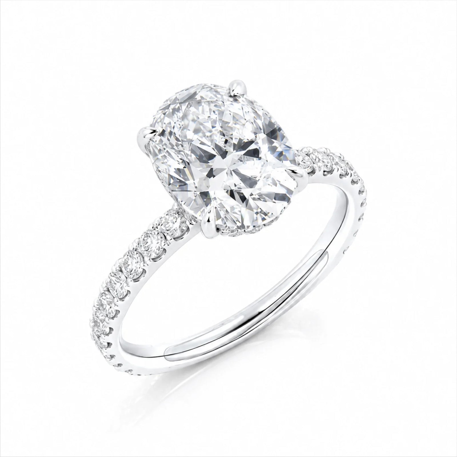 Oval Lab-Grown Diamond Solitaire Ring with Pavé Band - White
