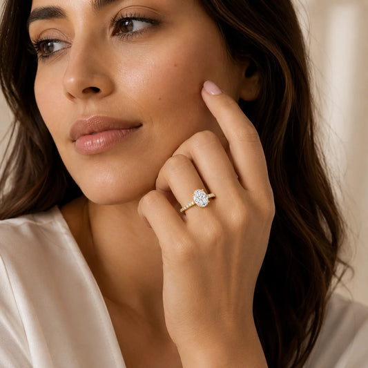 Oval Lab-Grown Diamond Solitaire Ring with Pavé Band - Yellow