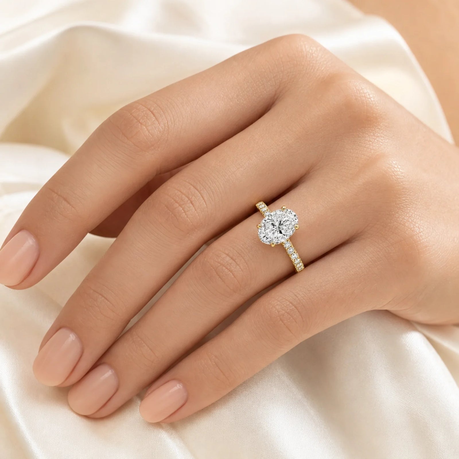 Oval Lab-Grown Diamond Solitaire Ring with Pavé Band - Yellow