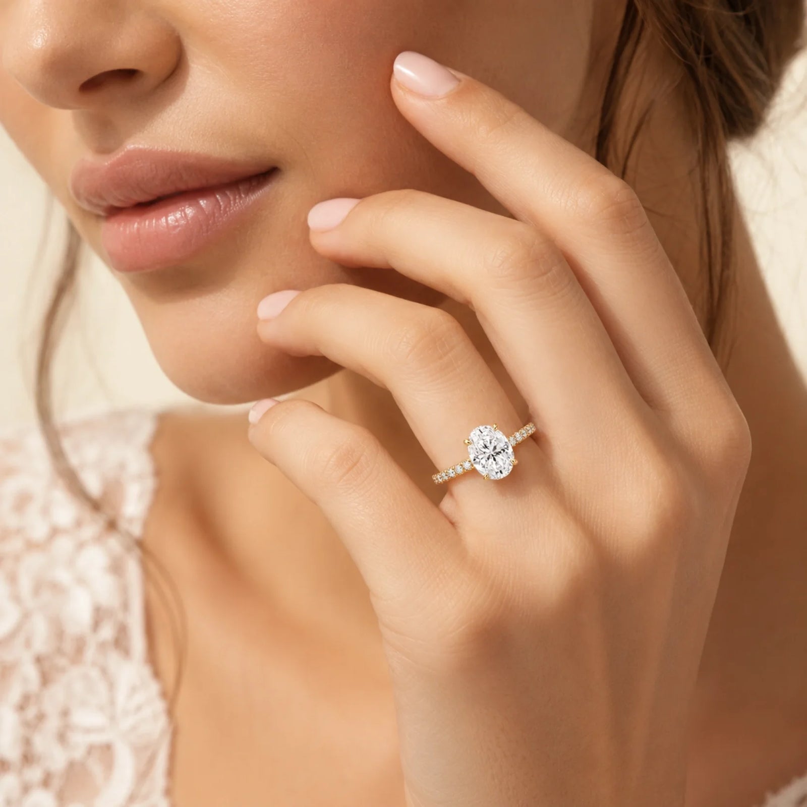 Oval Lab-Grown Diamond Solitaire Ring with Pavé Band - Yellow