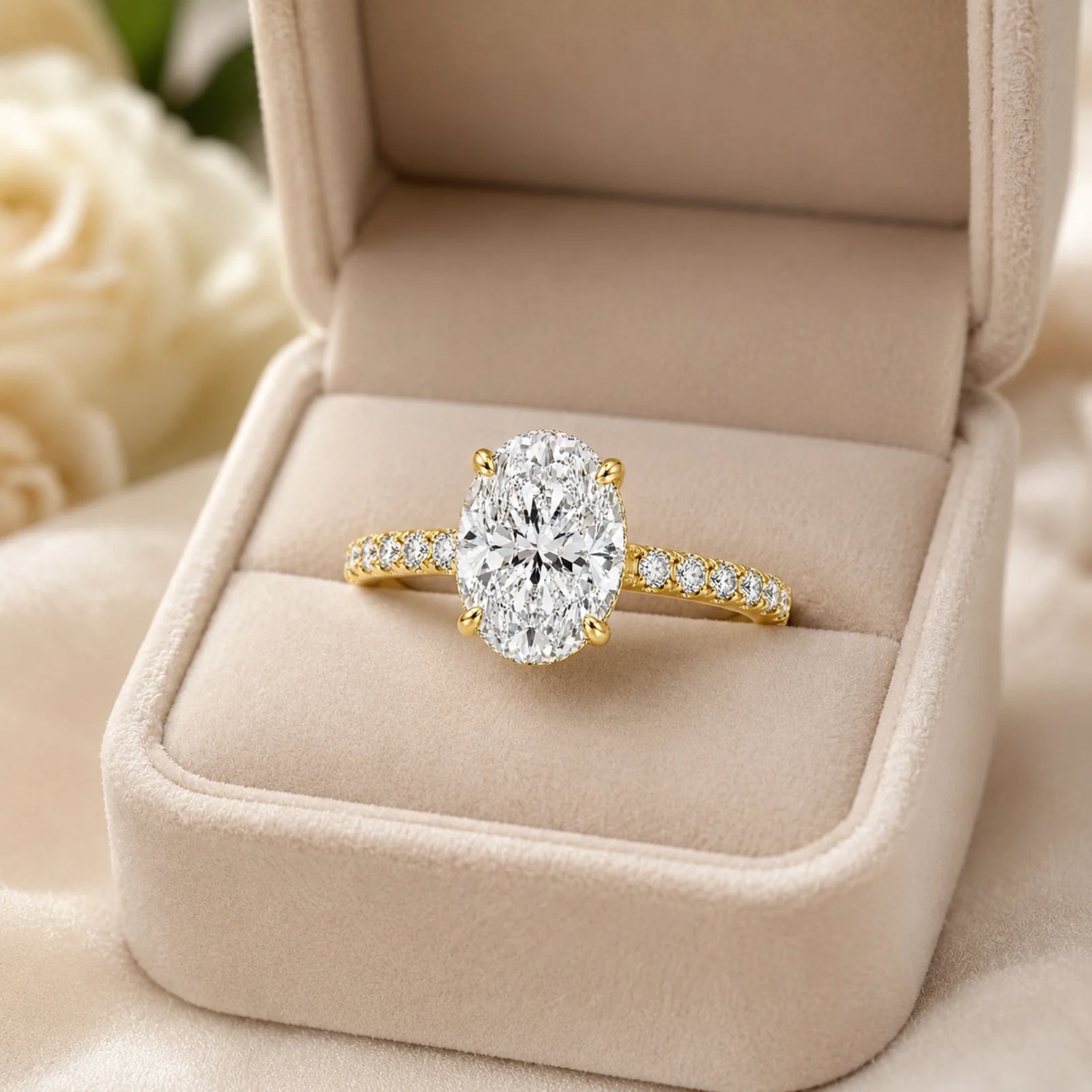 Oval Lab-Grown Diamond Solitaire Ring with Pavé Band - Yellow