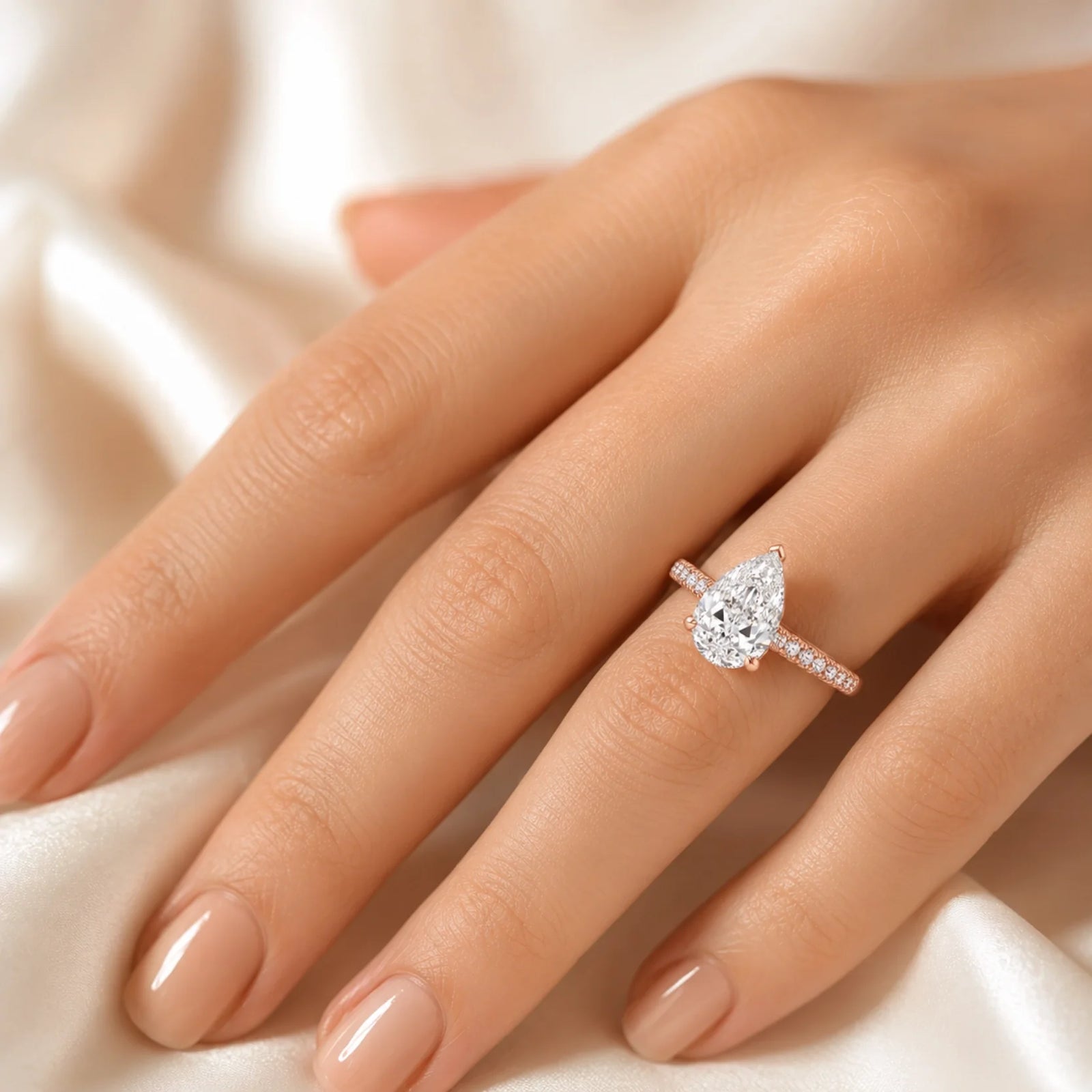 Pear Lab-Grown Diamond Solitaire Ring with Pavé Band - Rose
