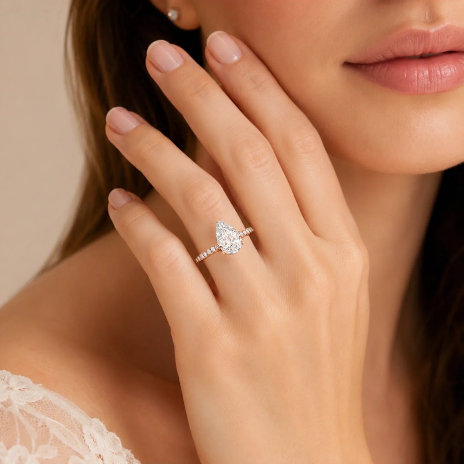 Pear Lab-Grown Diamond Solitaire Ring with Pavé Band - Rose