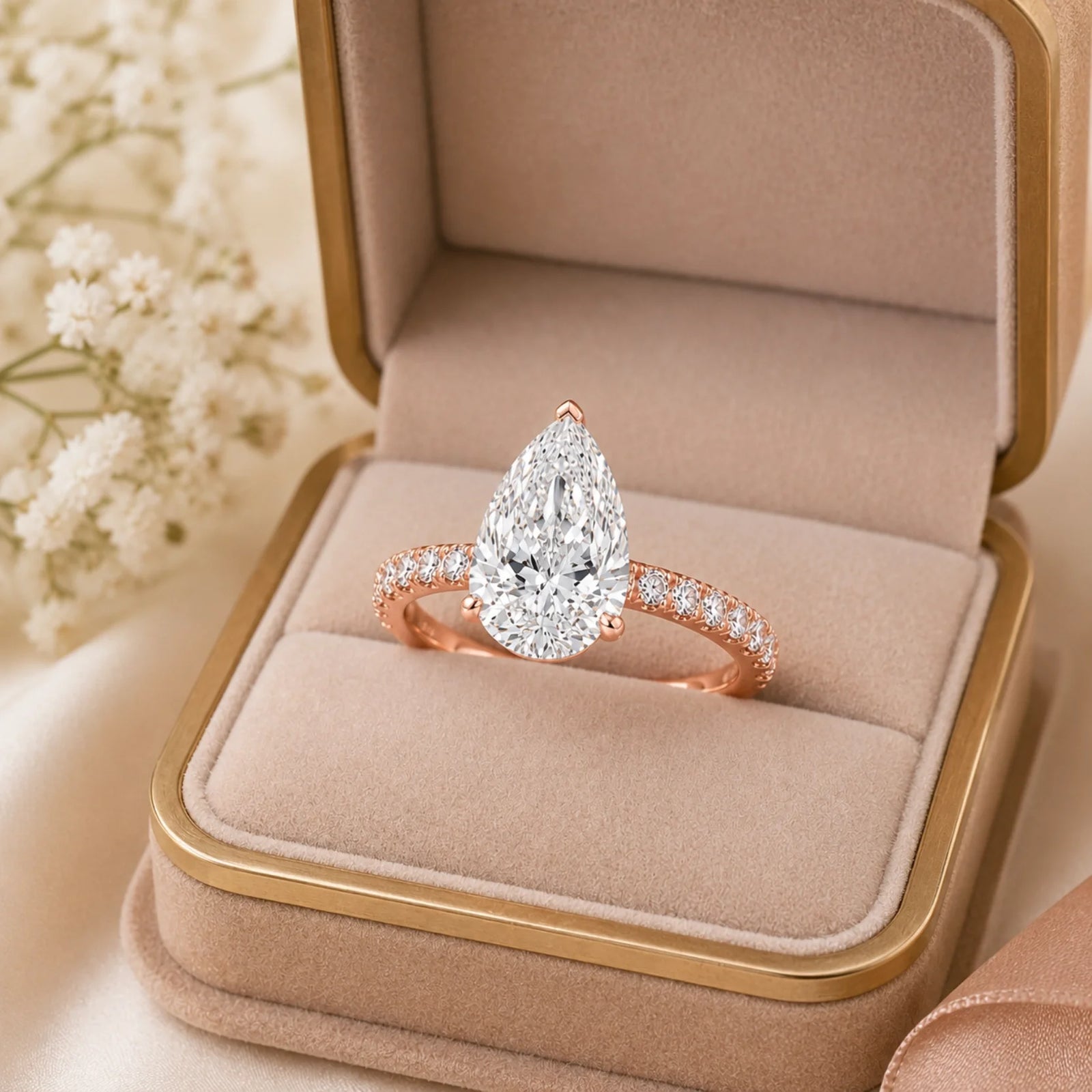 Pear Lab-Grown Diamond Solitaire Ring with Pavé Band - Rose