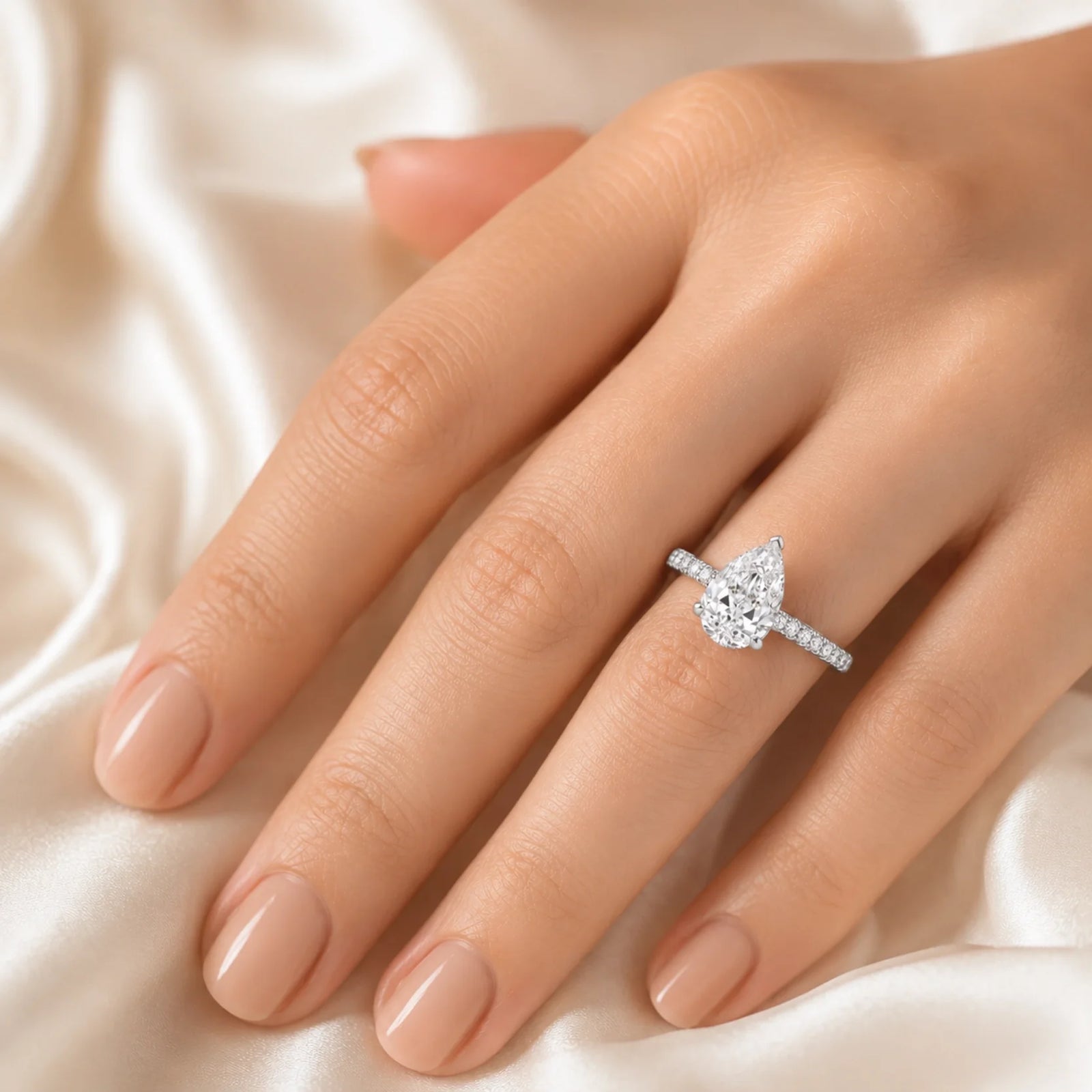 Pear Lab-Grown Diamond Solitaire Ring with Pavé Band - White