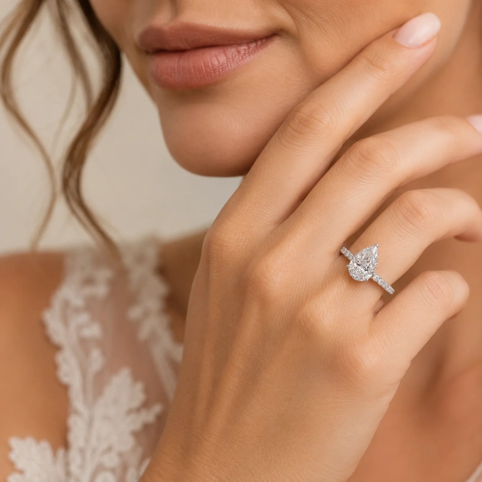 Pear Lab-Grown Diamond Solitaire Ring with Pavé Band - White