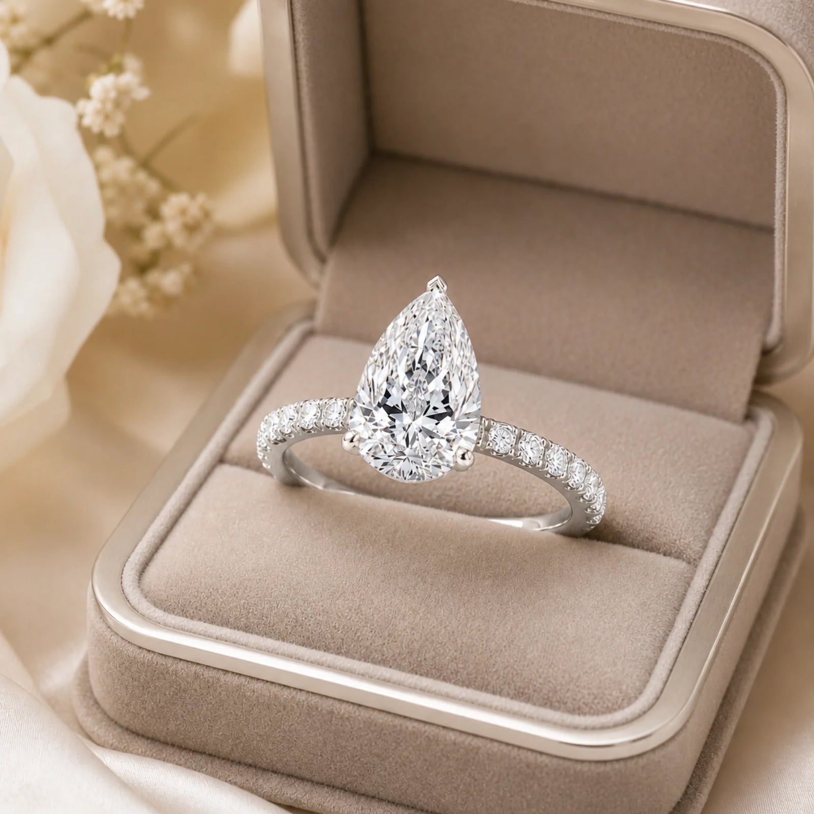 Pear Lab-Grown Diamond Solitaire Ring with Pavé Band - White