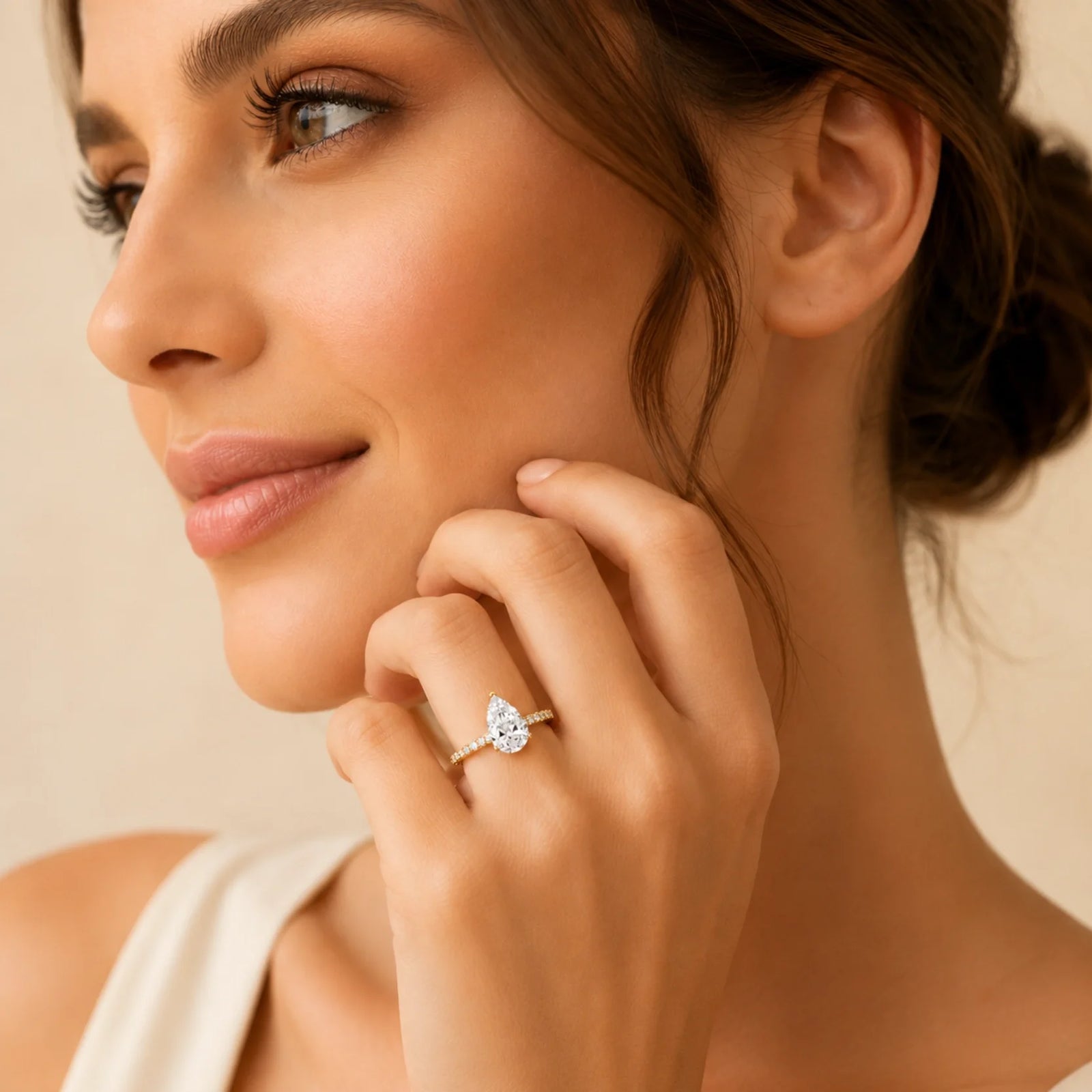 Pear Lab-Grown Diamond Solitaire Ring with Pavé Band - Yellow