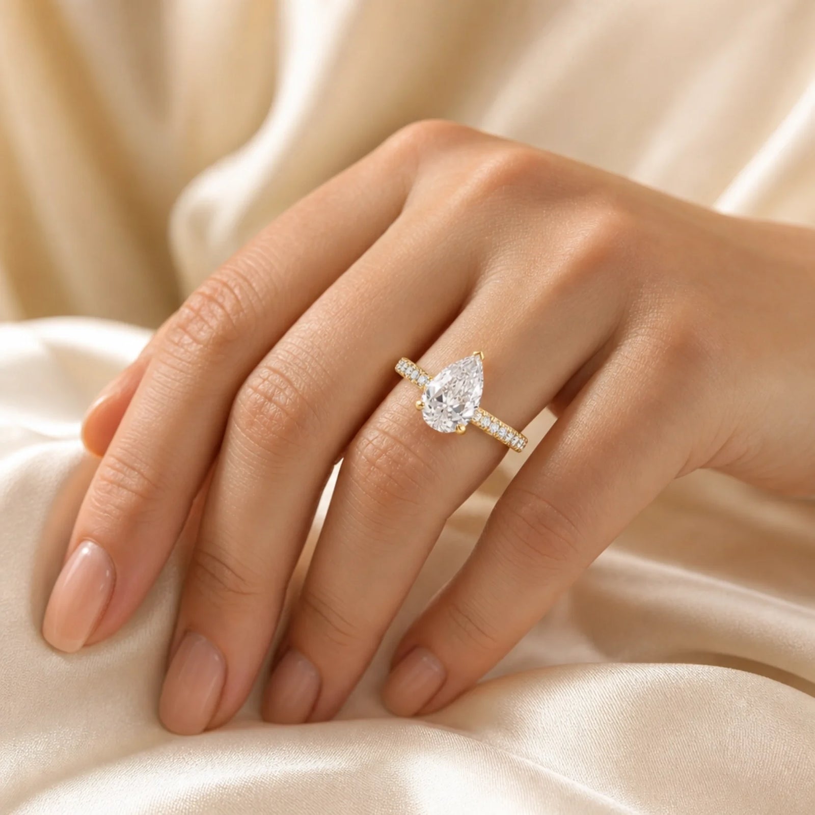 Pear Lab-Grown Diamond Solitaire Ring with Pavé Band - Yellow