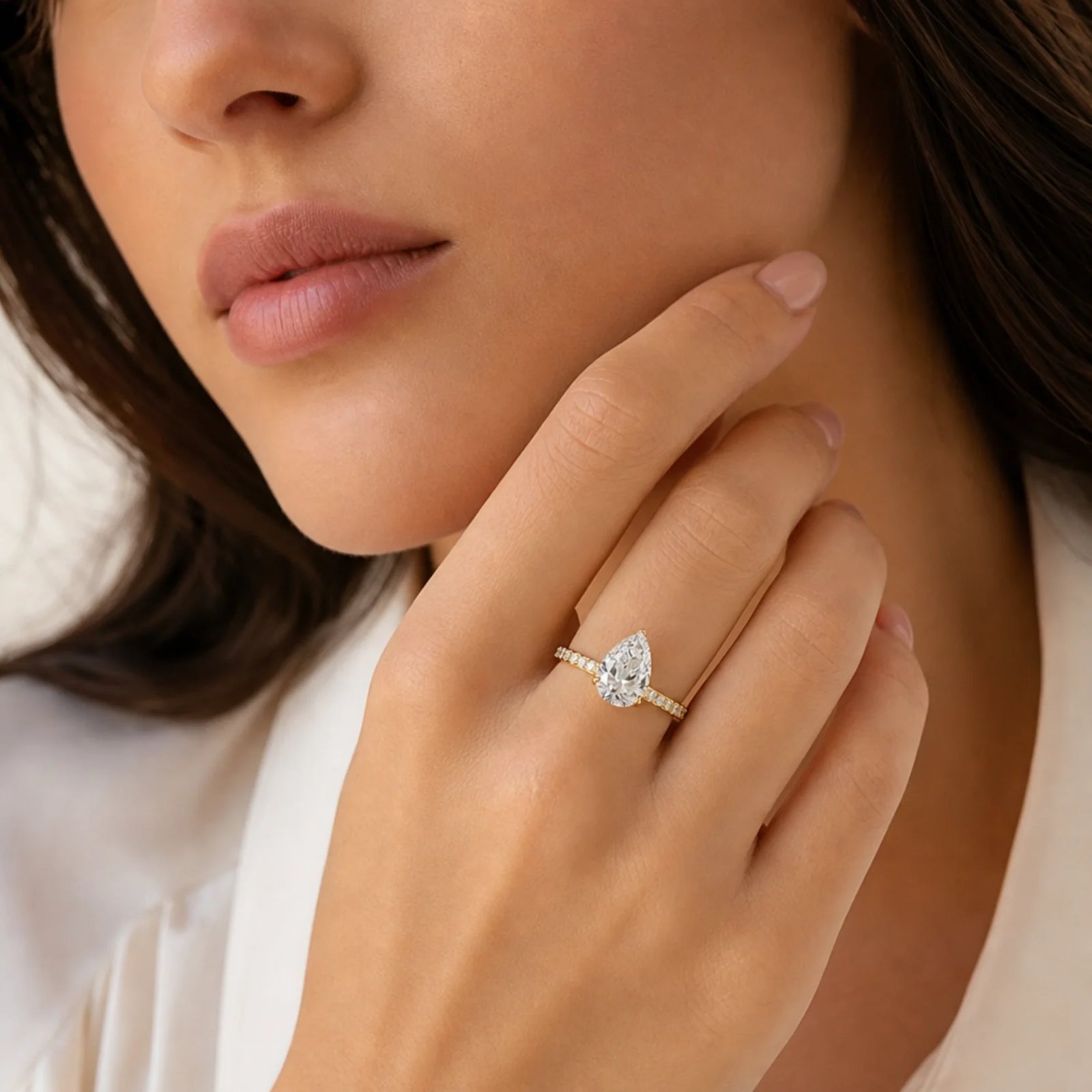 Pear Lab-Grown Diamond Solitaire Ring with Pavé Band - Yellow