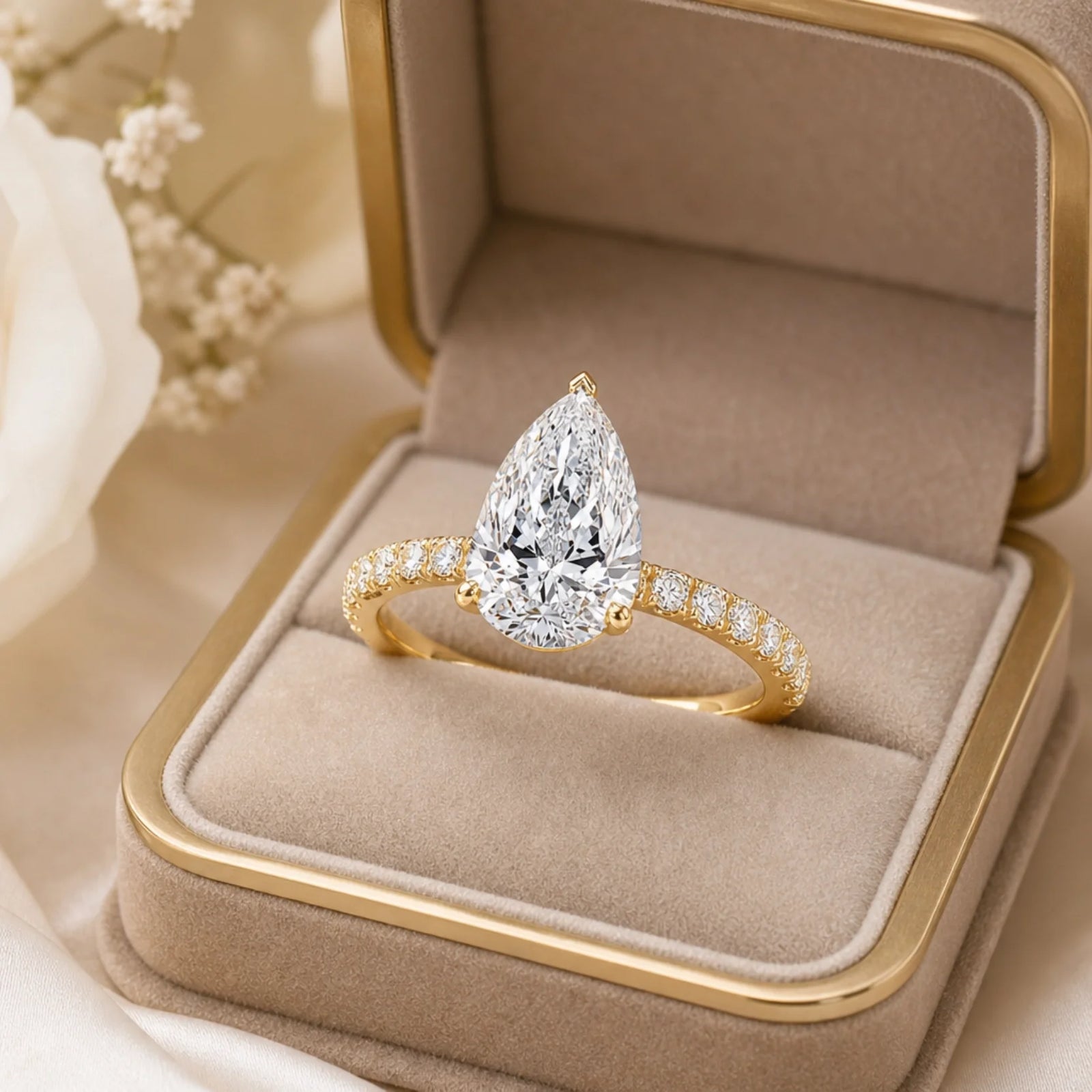 Pear Lab-Grown Diamond Solitaire Ring with Pavé Band - Yellow