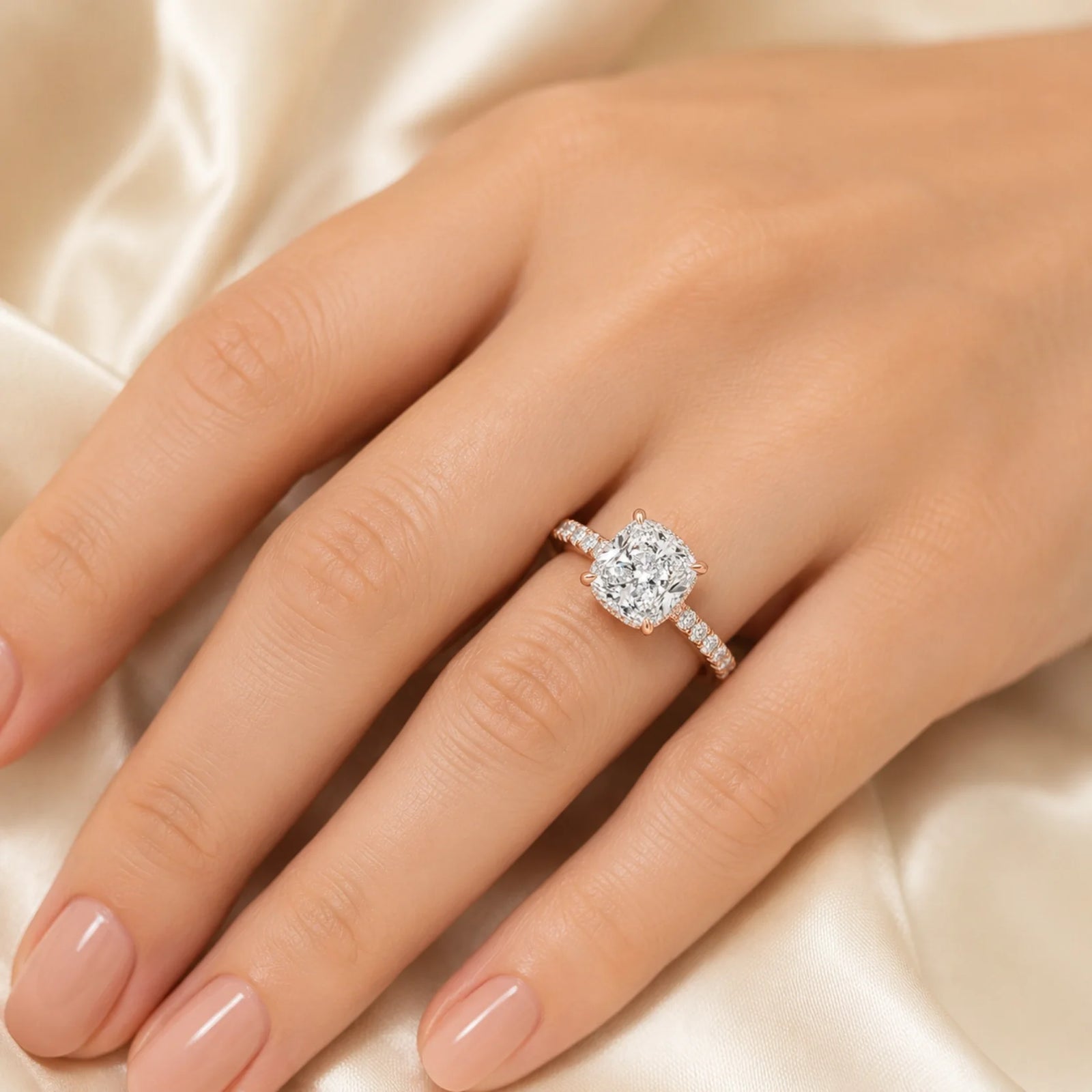 Cushion Lab-Grown Diamond Solitaire Ring with Pavé Band - Rose