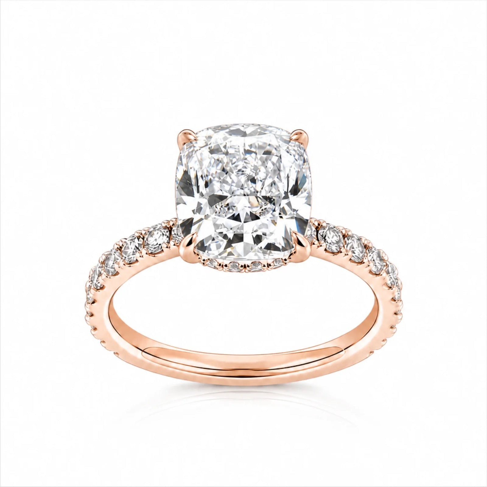 Cushion Lab-Grown Diamond Solitaire Ring with Pavé Band - Rose