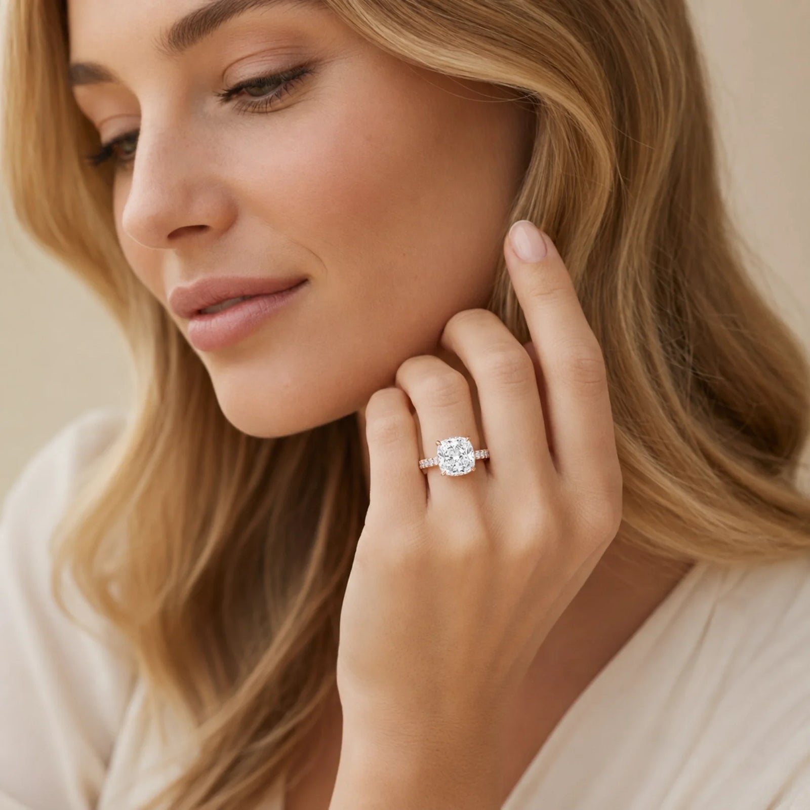 Cushion Lab-Grown Diamond Solitaire Ring with Pavé Band - Rose