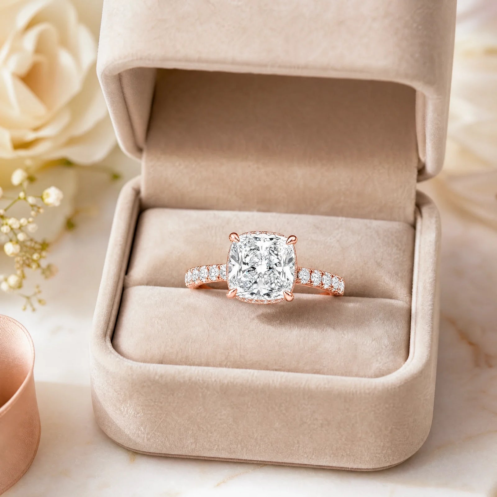 Cushion Lab-Grown Diamond Solitaire Ring with Pavé Band - Rose