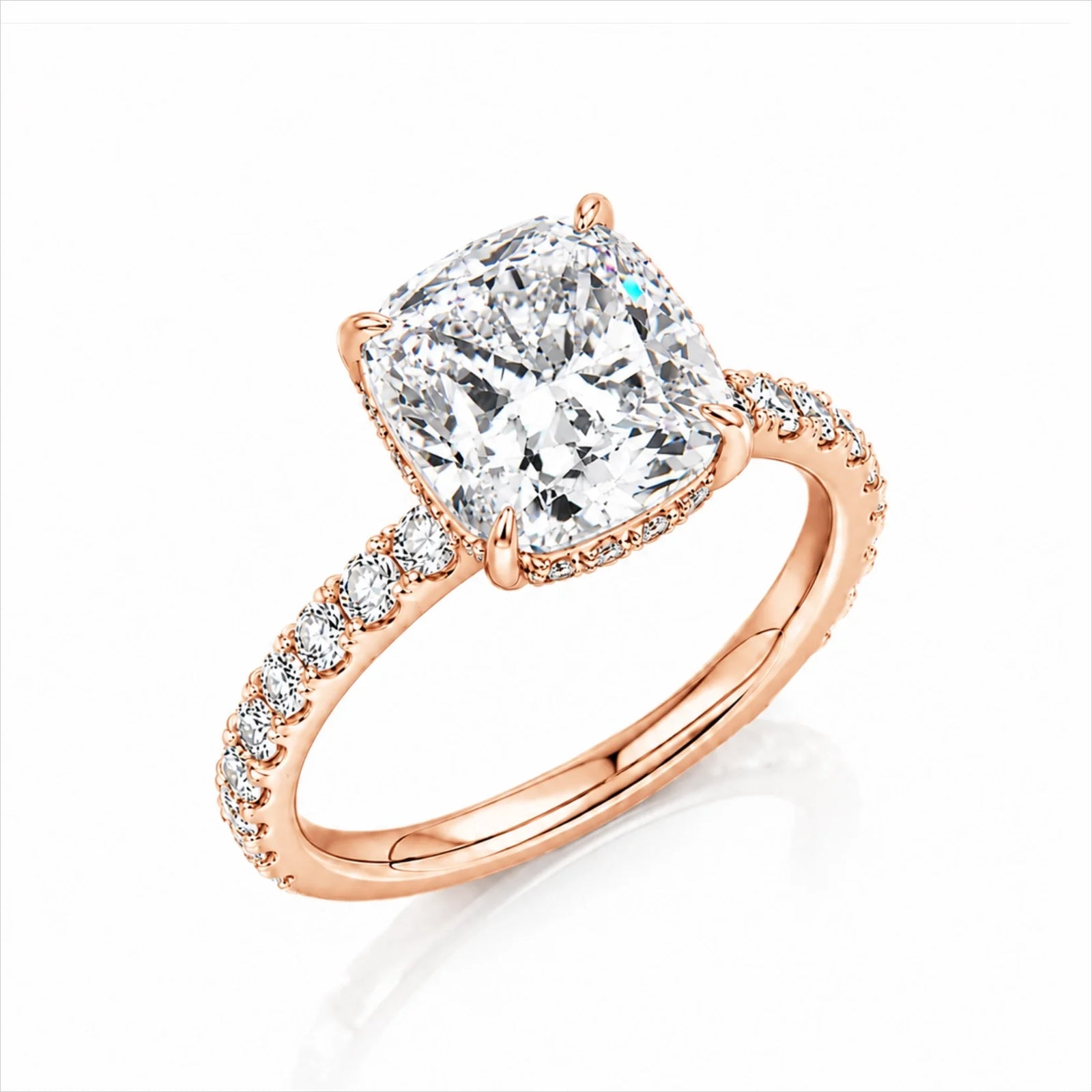 Cushion Lab-Grown Diamond Solitaire Ring with Pavé Band - Rose