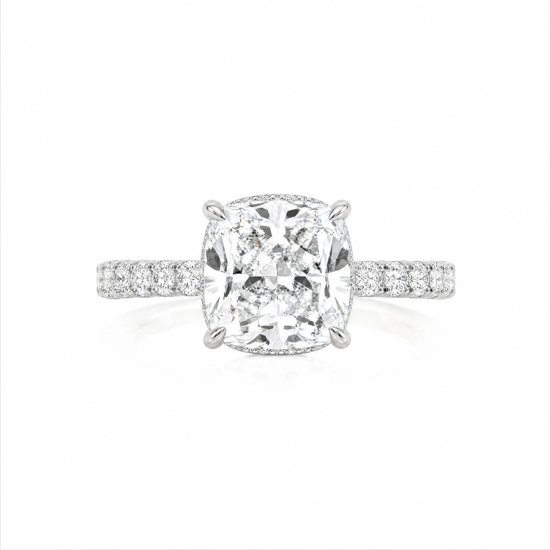 Cushion Lab-Grown Diamond Solitaire Ring with Pavé Band - White Gold