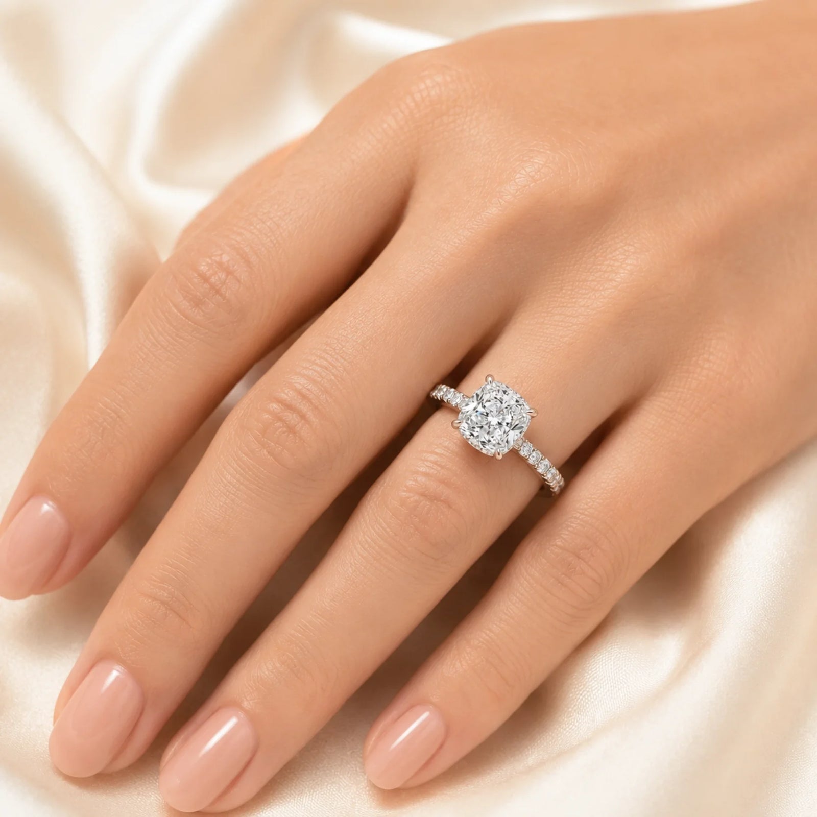 Cushion Lab-Grown Diamond Solitaire Ring with Pavé Band - White