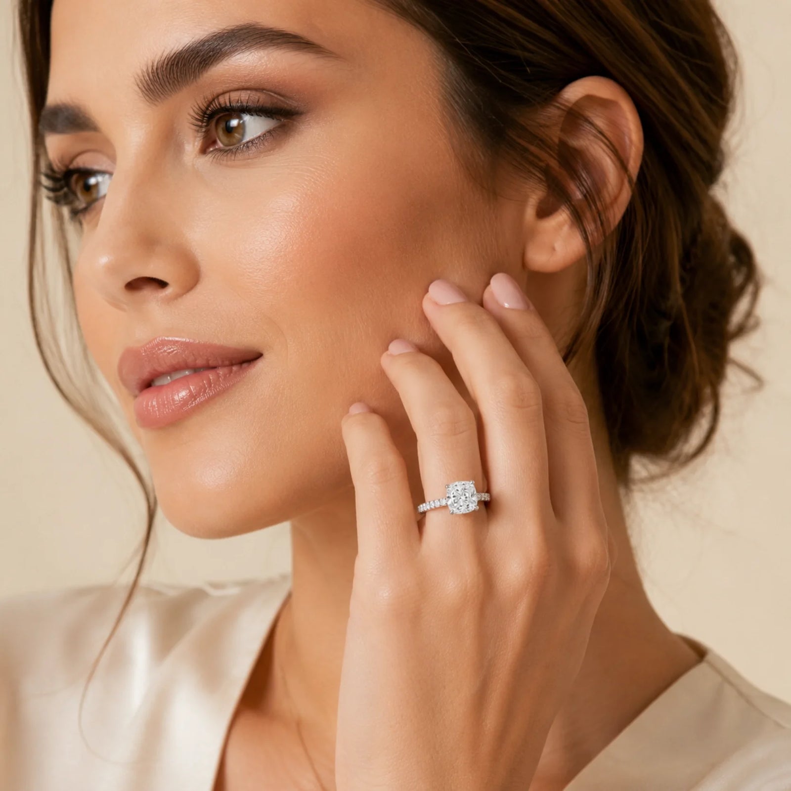 Cushion Lab-Grown Diamond Solitaire Ring with Pavé Band - White