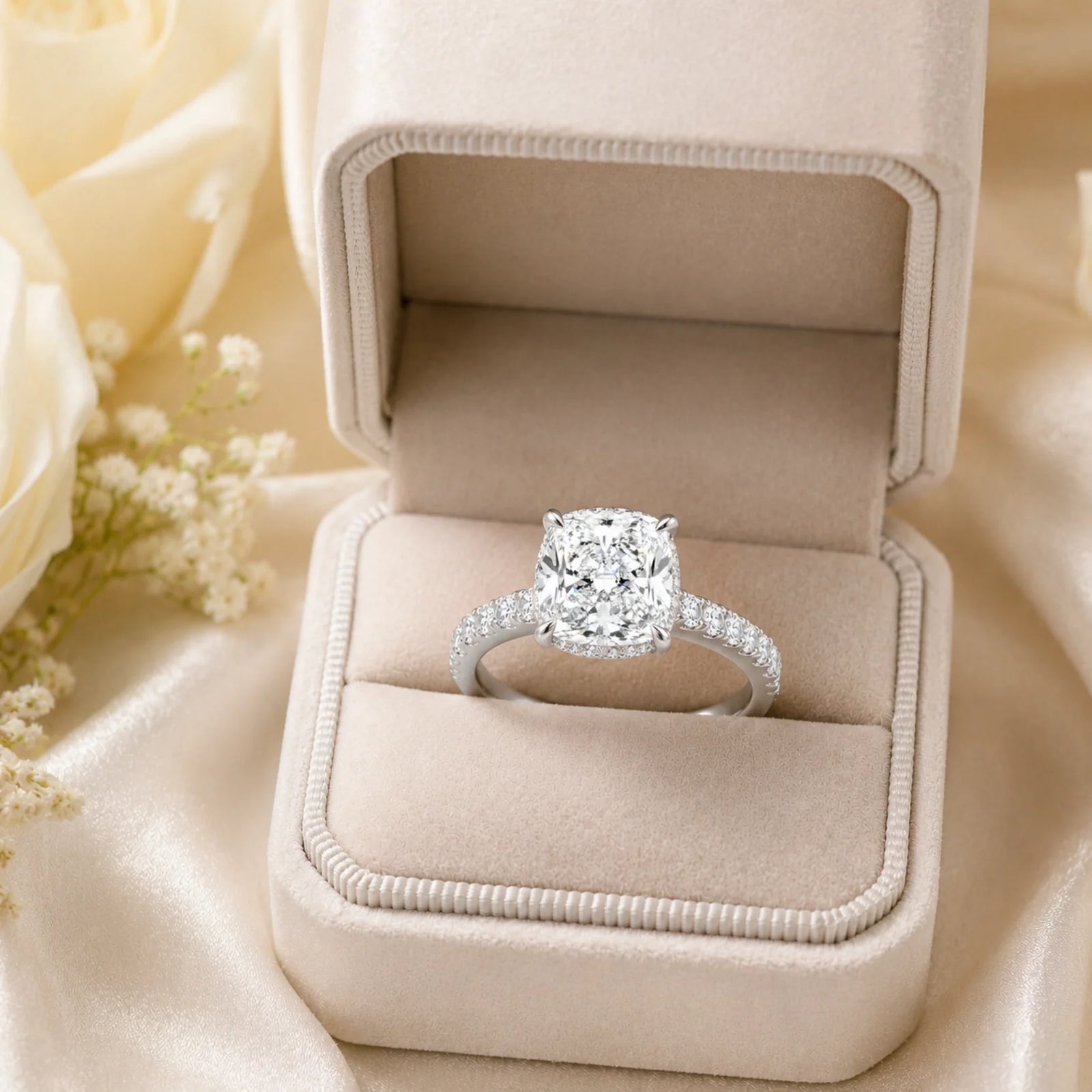 Cushion Lab-Grown Diamond Solitaire Ring with Pavé Band - White