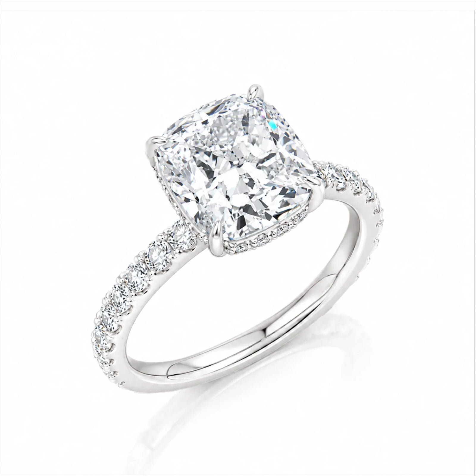 Cushion Lab-Grown Diamond Solitaire Ring with Pavé Band - White