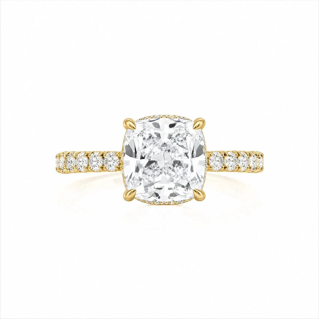 Cushion Lab-Grown Diamond Solitaire Ring with Pavé Band - Yellow Gold
