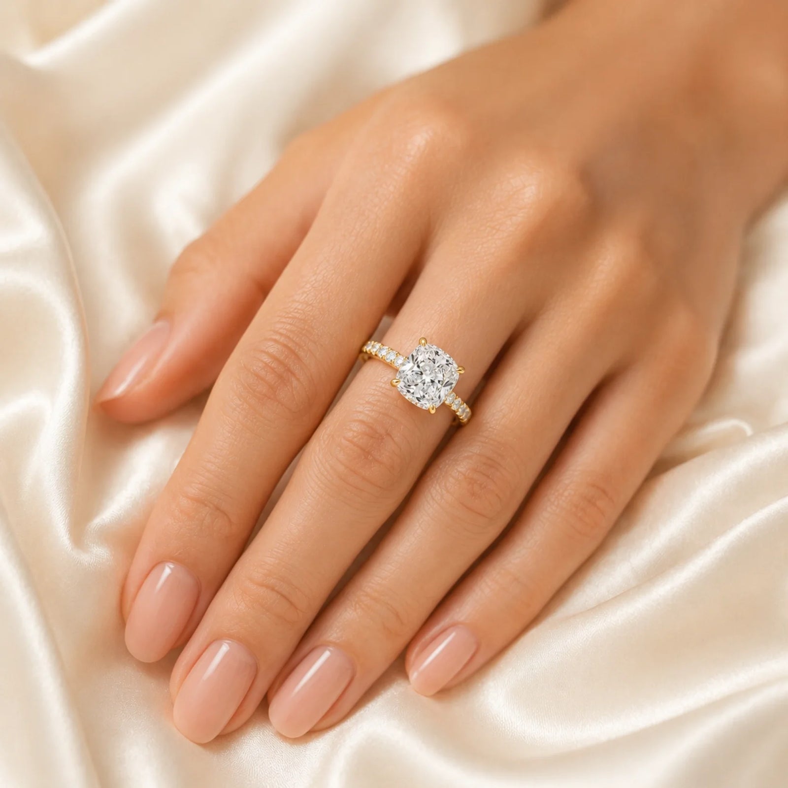 Cushion Lab-Grown Diamond Solitaire Ring with Pavé Band - Yellow