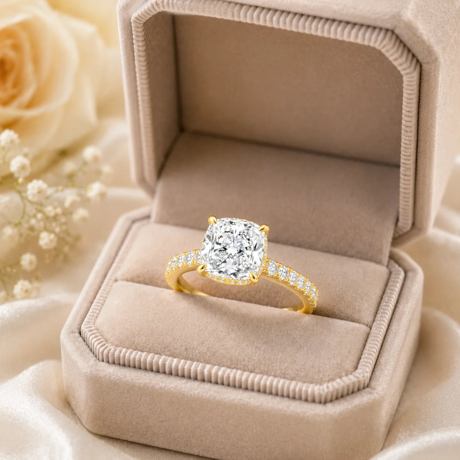 Cushion Lab-Grown Diamond Solitaire Ring with Pavé Band - Yellow