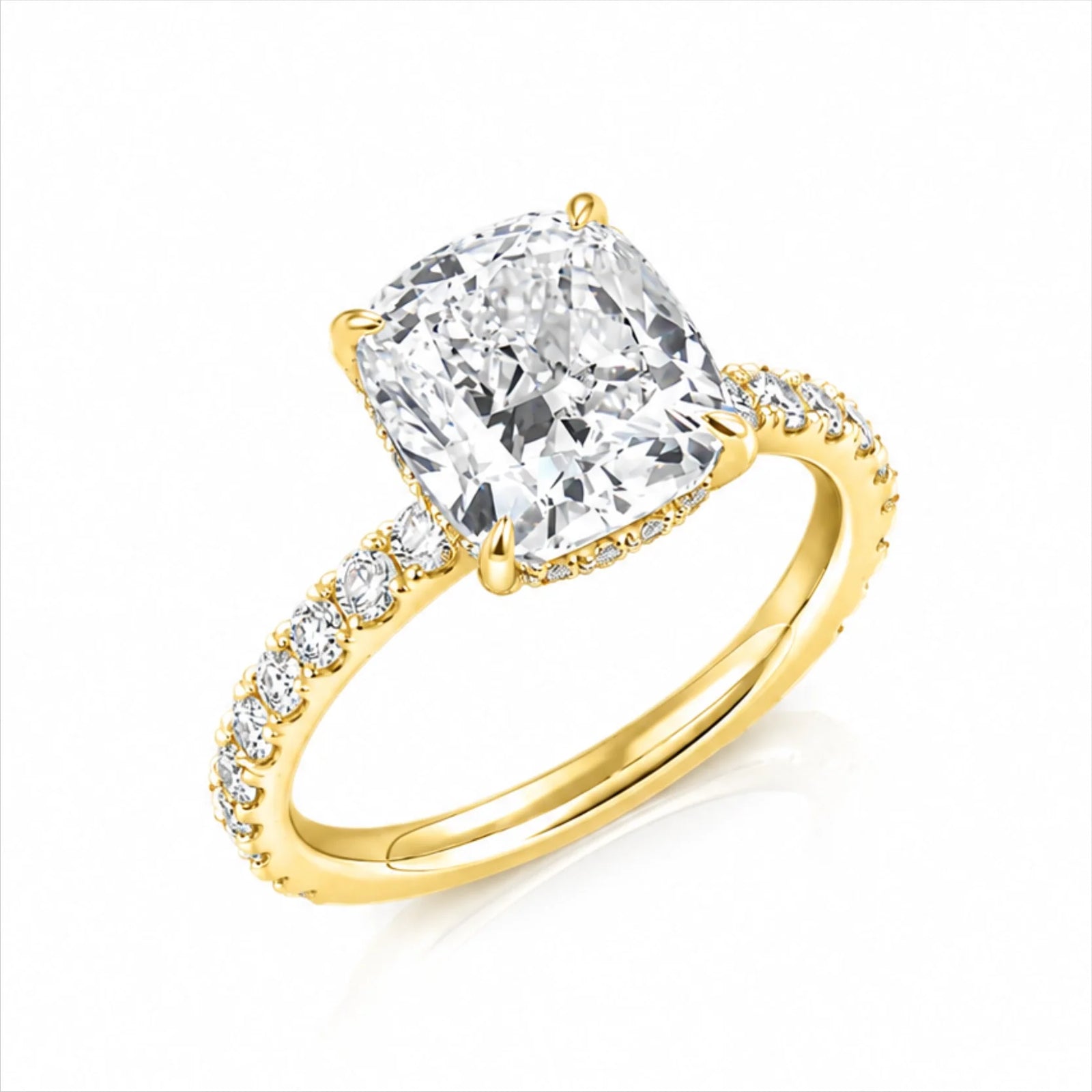 Cushion Lab-Grown Diamond Solitaire Ring with Pavé Band - Yellow