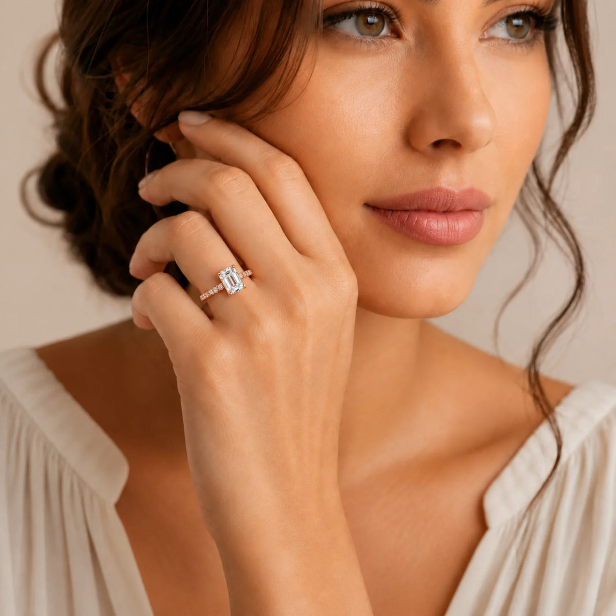 Emerald-Cut Lab-Grown Diamond Solitaire Ring with Pavé Band - Rose