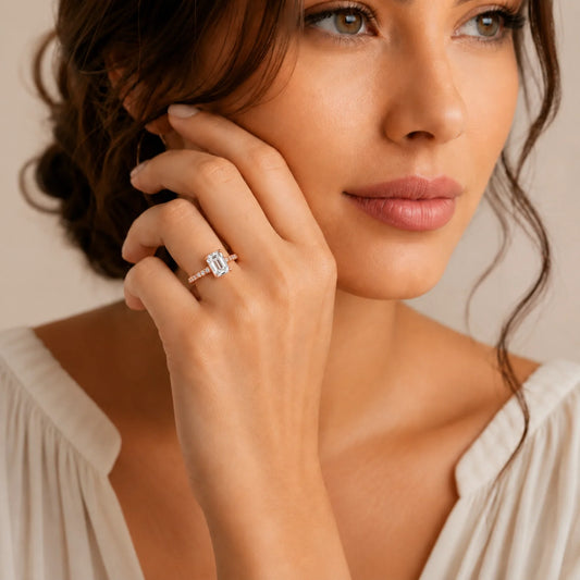 Emerald-Cut Lab-Grown Diamond Solitaire Ring with Pavé Band - Rose
