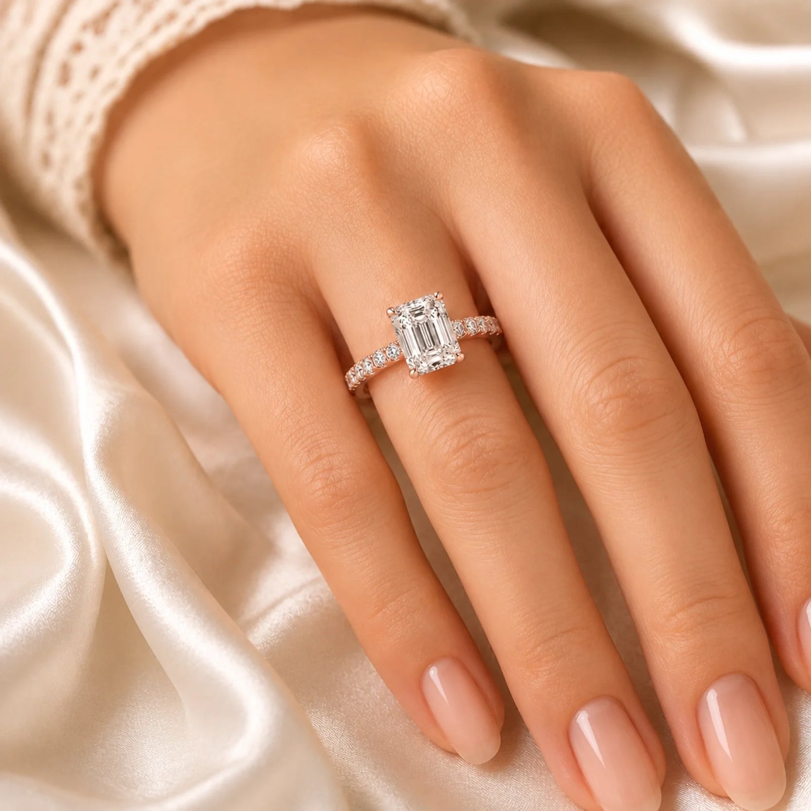 Emerald-Cut Lab-Grown Diamond Solitaire Ring with Pavé Band - Rose