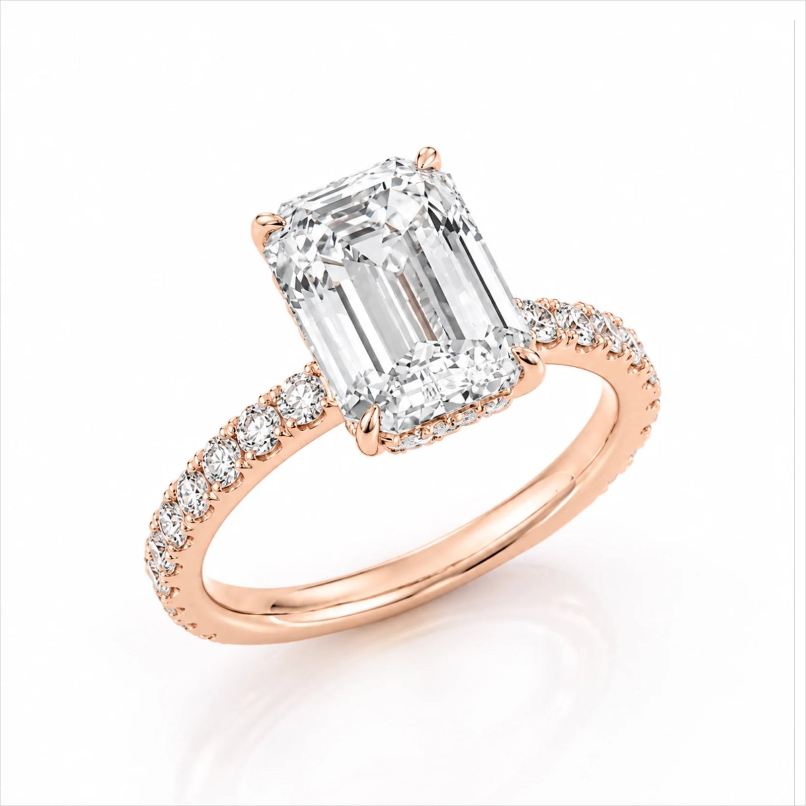 Emerald-Cut Lab-Grown Diamond Solitaire Ring with Pavé Band - Rose