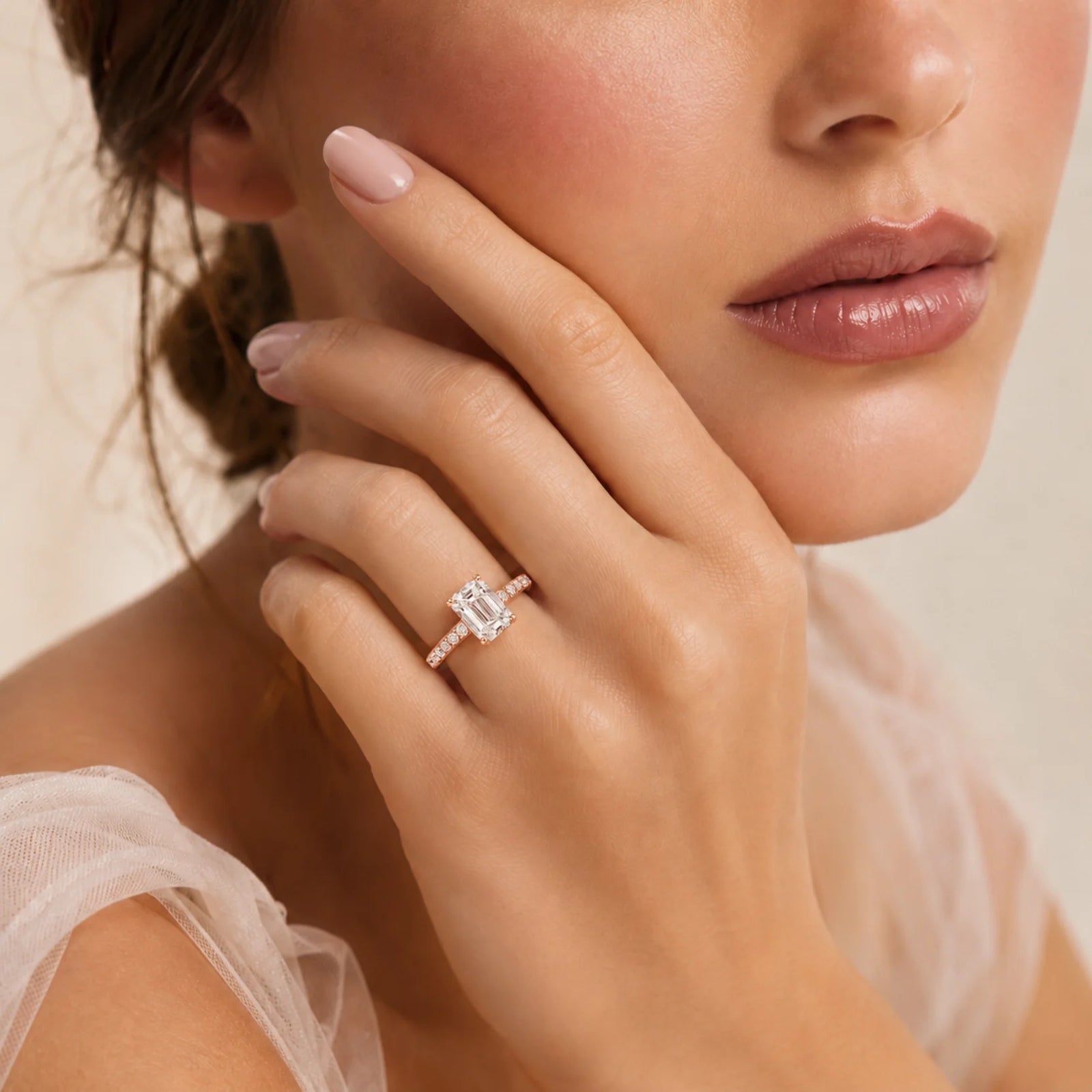 Emerald-Cut Lab-Grown Diamond Solitaire Ring with Pavé Band - Rose