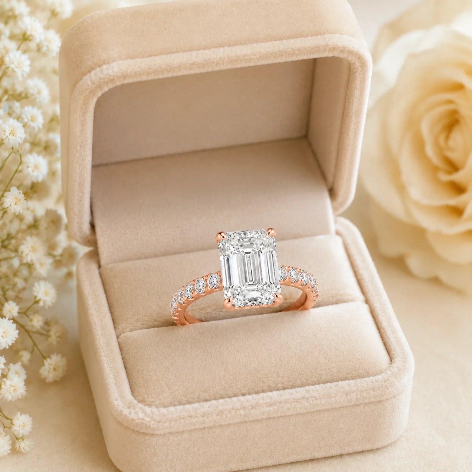Emerald-Cut Lab-Grown Diamond Solitaire Ring with Pavé Band - Rose