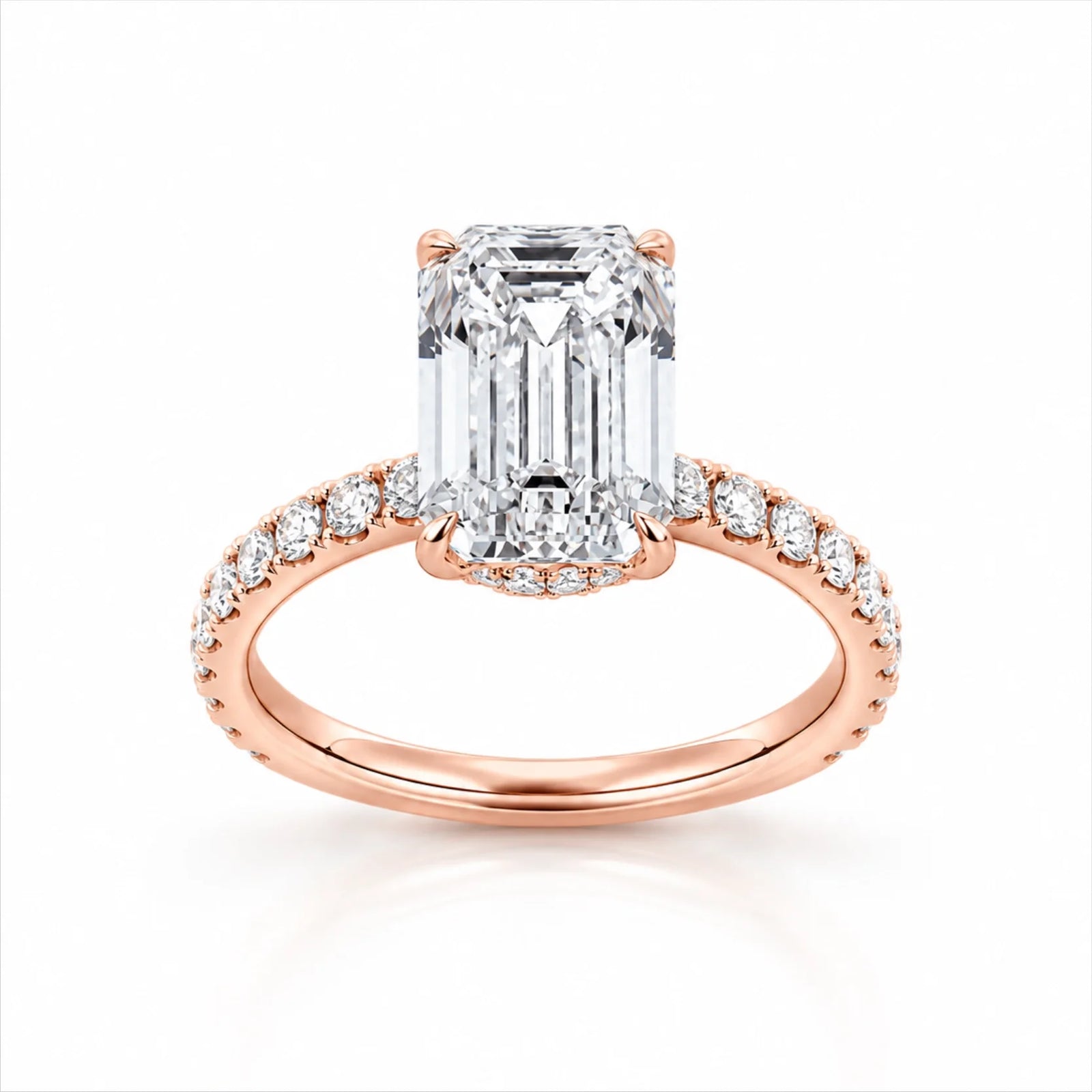Emerald-Cut Lab-Grown Diamond Solitaire Ring with Pavé Band - Rose